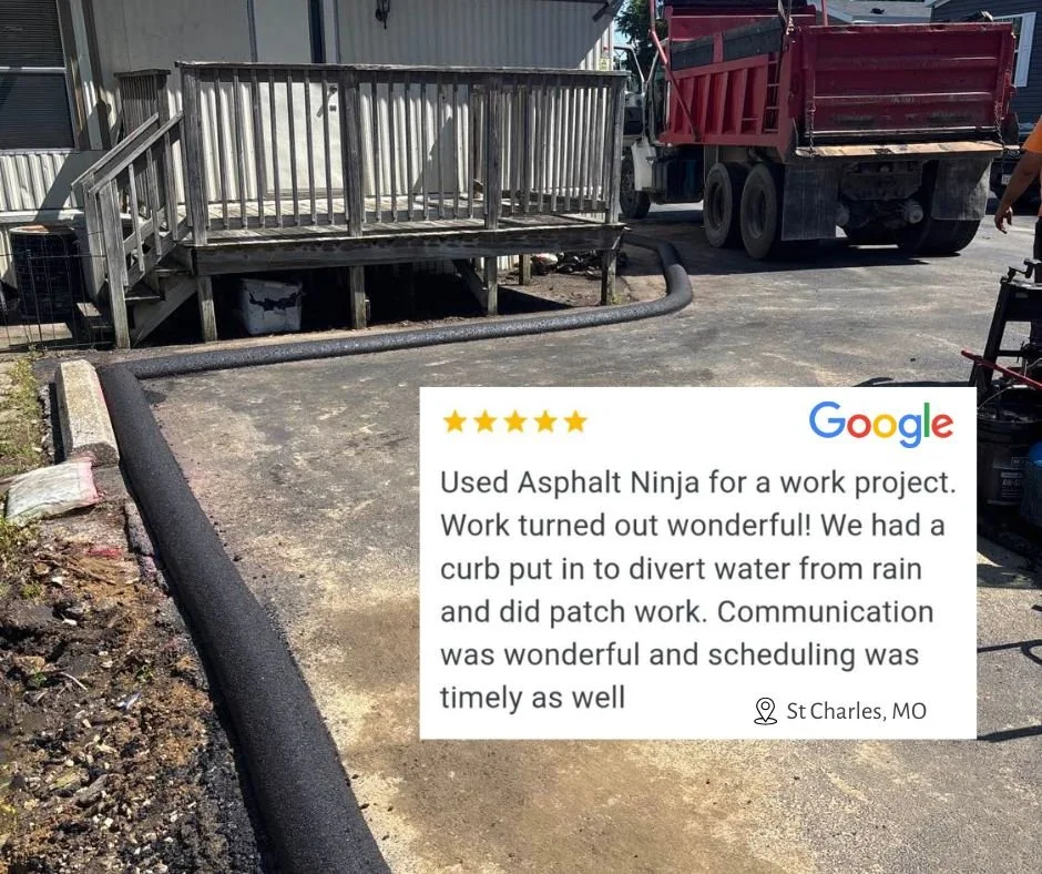 Google review box over a trailer with a newly installed asphalt curb meant to divert water. Customer writes that she is pleased with the quality of her repair and experience using Asphalt Ninjas