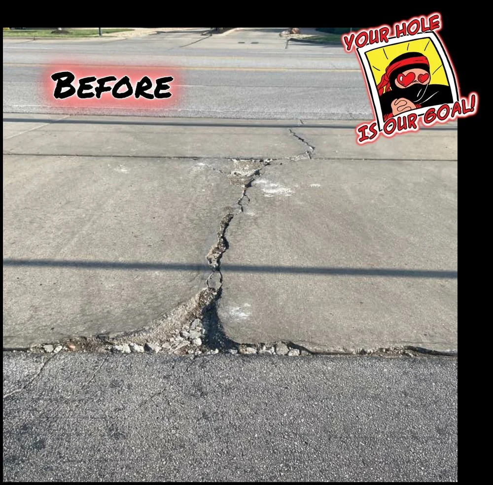downtown pothole in the crack between concrete. Asphalt repair project in downtown St. Louis. Text reading "Before"