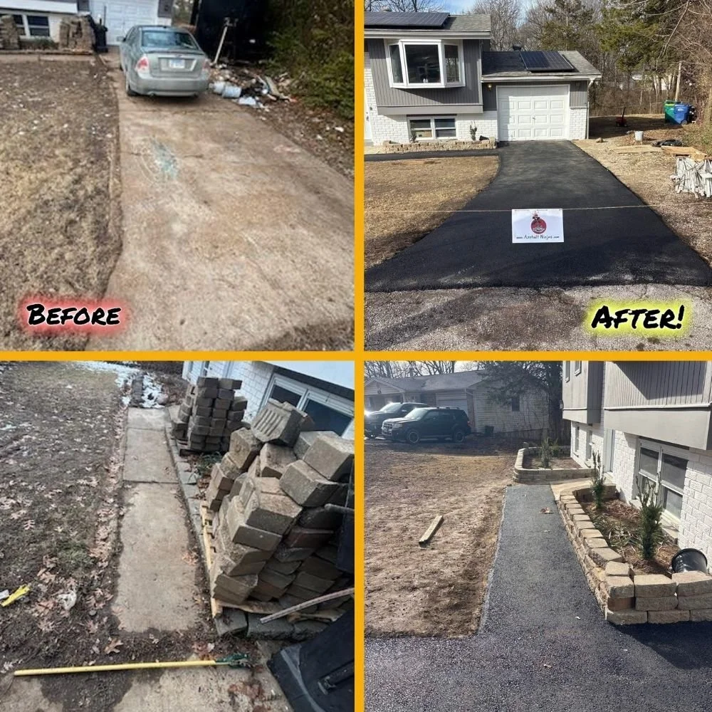 Four photos show a driveway from Fenton, Mo and the path to the front door/ porch before and after being repaved and landscaped with stone borders and fresh asphalt.