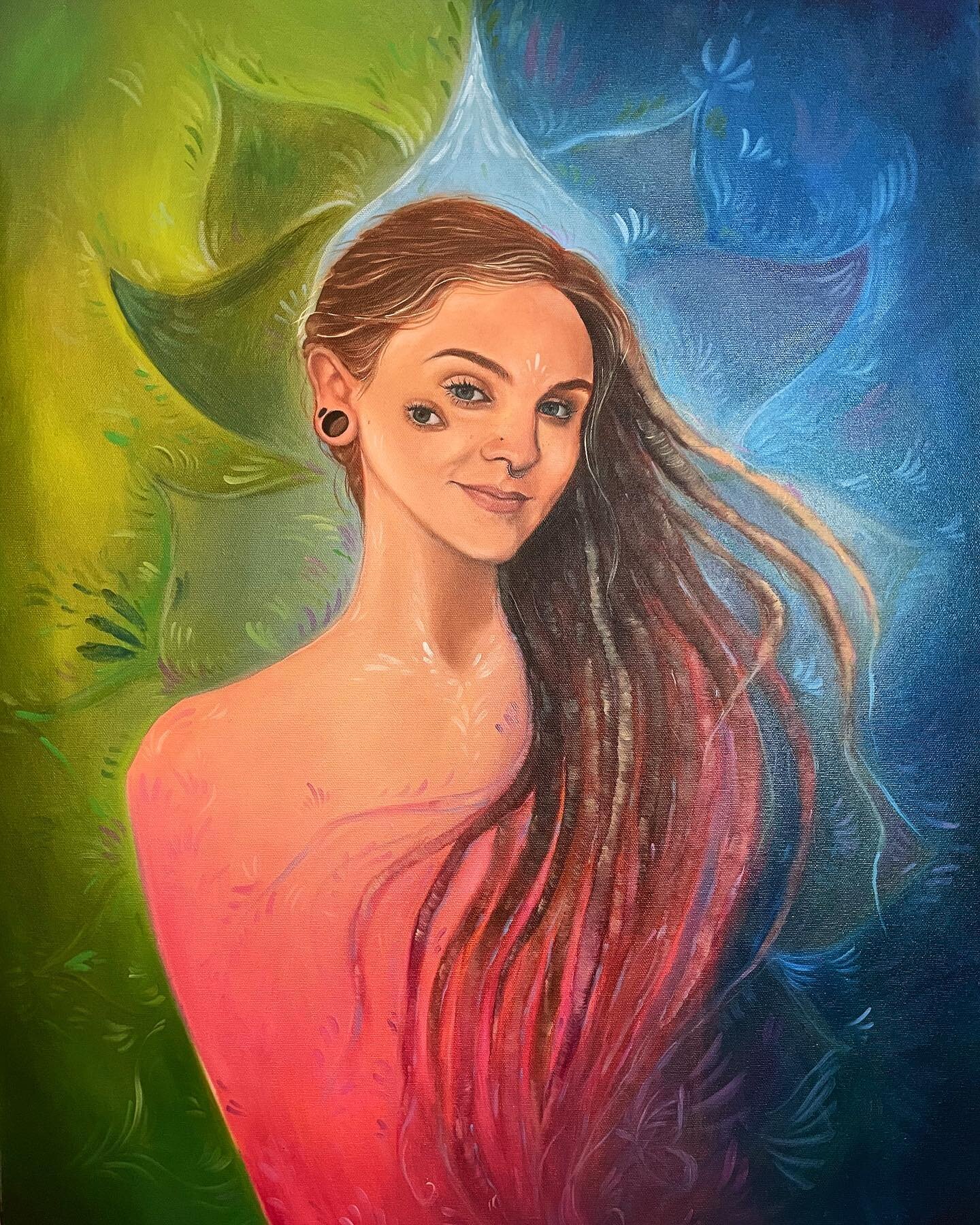 I don&rsquo;t think I ever posted clear photos of this painting! This oil painting is a portrait of the lovely @entheo.jen on 18x24 canvas. I live painted this at the Chico Spring Jam! My first time painting with an audience lol 💙💚💙💚 
#oils #oilp