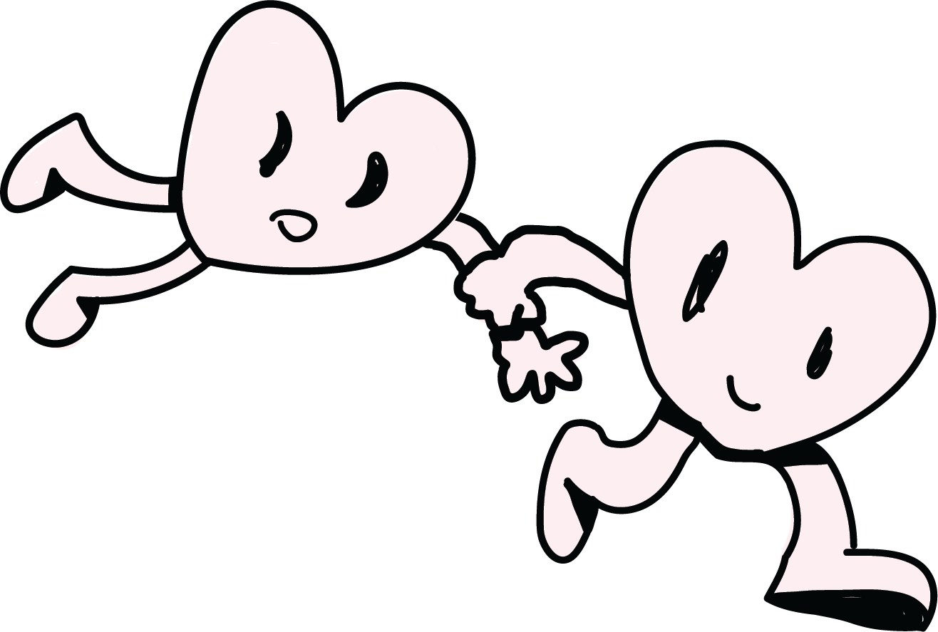 Two cartoon hearts holding hands, smiling, and appearing happy. The Valentine's Museum NYC Valentine's Day Event.