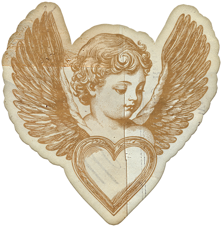 A vintage illustration of a cherub with wings, a heart shape underneath, all in sepia tone, on a piece of torn paper. The Valentine's Museum NYC Valentine's Day Event.