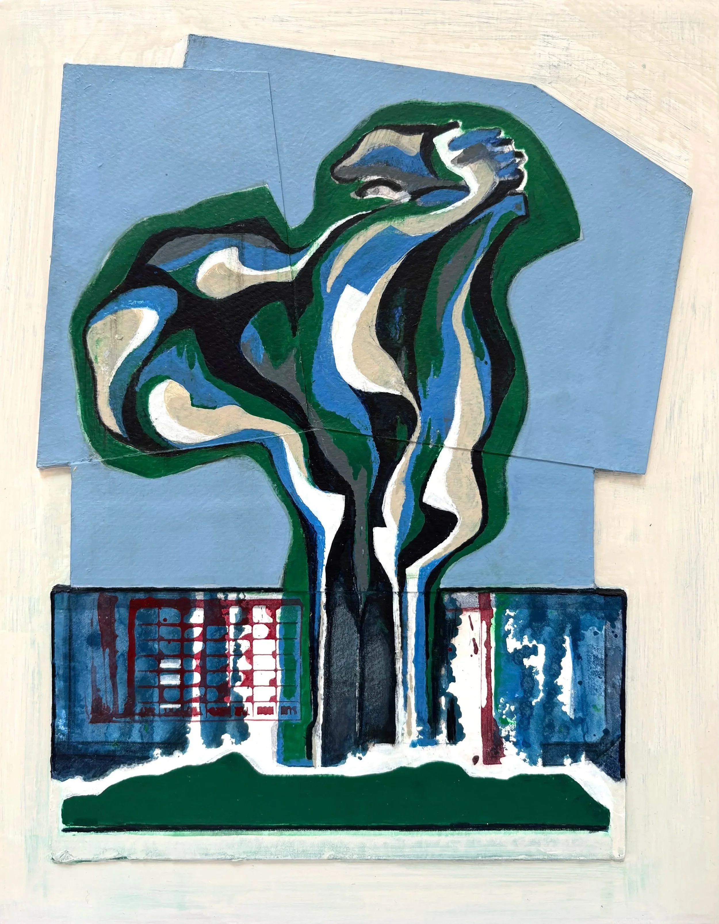 Disappear 1, 2026, acrylic, watercolor, colored pencil, and paper on wood panel, 11 x 14 in. 