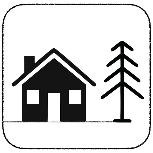 Simplified black and white icon of a house and a tree inside a square with rounded corners.