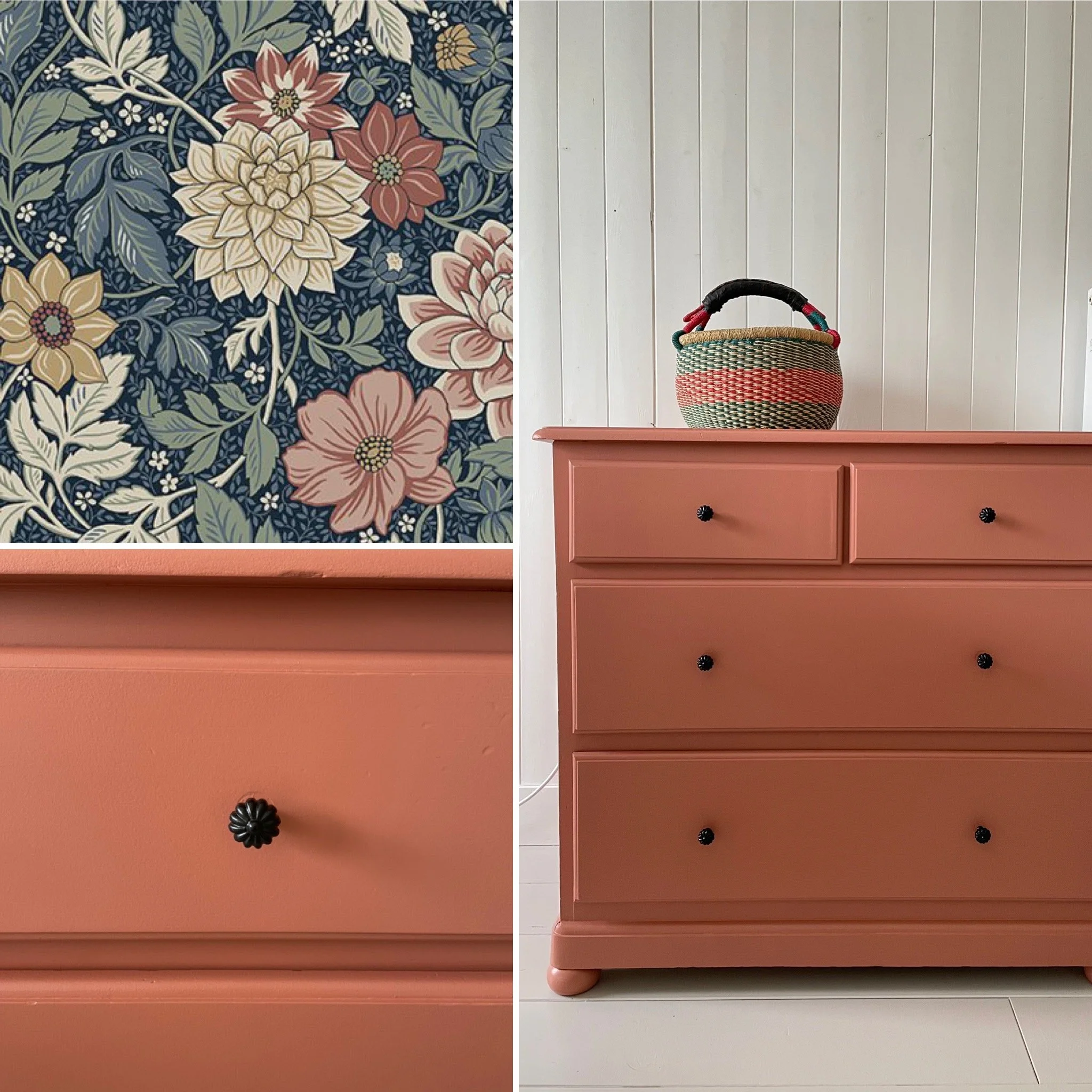 A split image showing on the left a wall with floral wallpaper featuring large flowers in beige, pink, and red hues and green leaves on a dark background. On the right, a pink dresser with black drawer knobs and a woven basket with a red, green, and 
