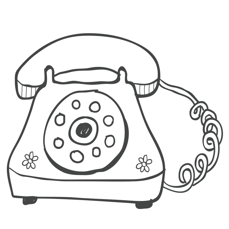 Outline drawing of a vintage rotary telephone with a cord and floral decorations.