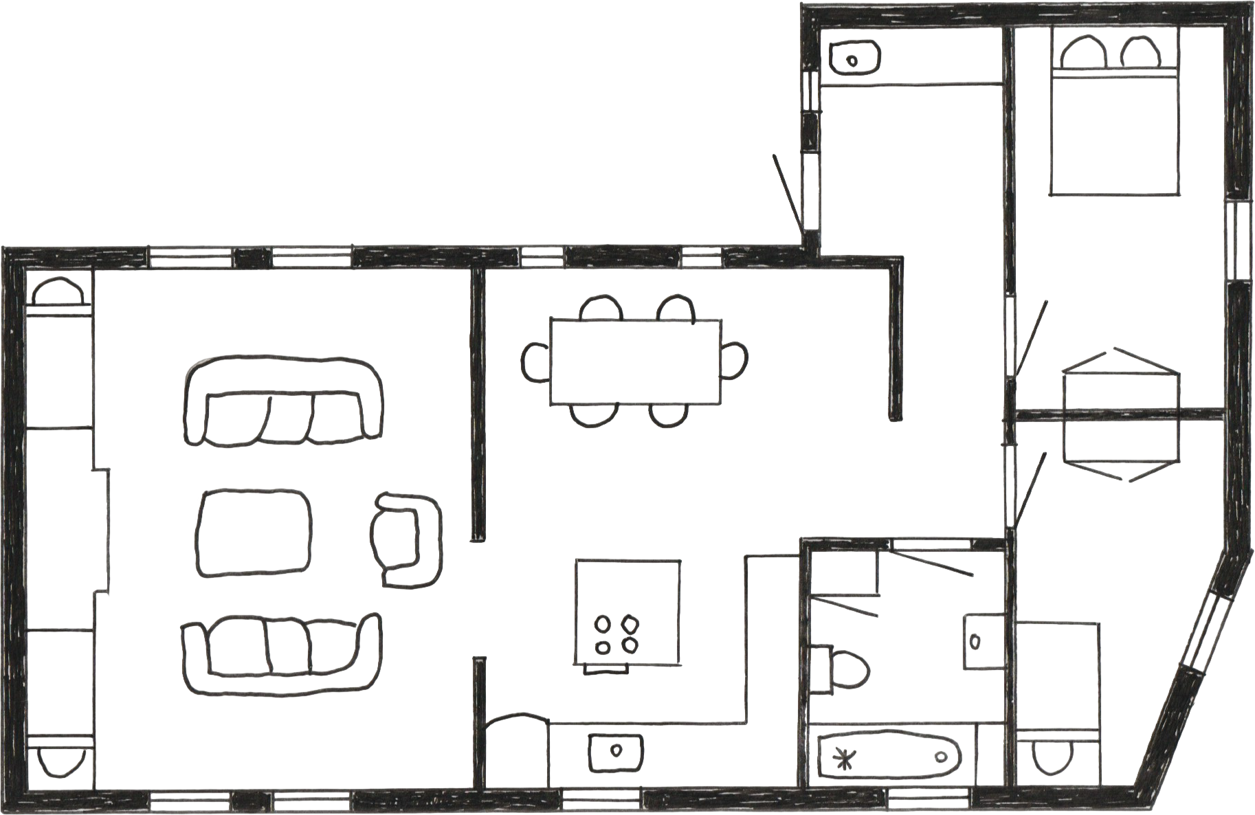 Floor plan of a house showing living room with sofas and chairs, dining area with table and chairs, kitchen with appliances, bedroom with bed and closet, bathroom with bathtub, toilet, and sink, and other connected rooms.