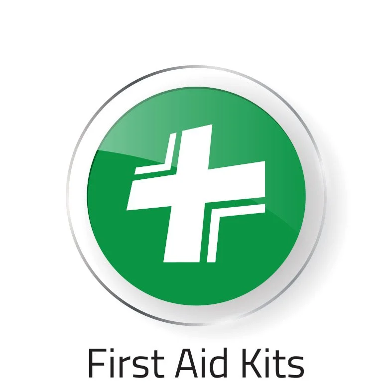 Green circular icon with white medical cross and a plus sign, with the text 'First Aid Kits' below.