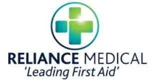 Reliance Medical logo with a green and blue cross and the tagline 'Leading First Aid'