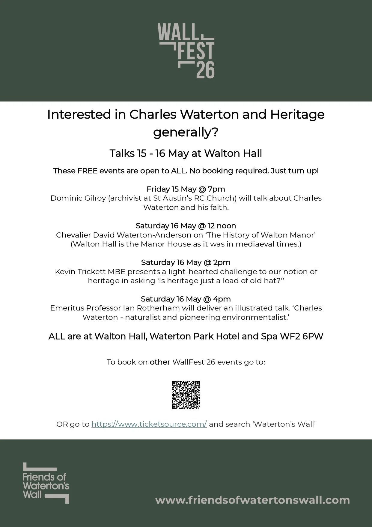 Poster advertising a series of free events at Walton Hall about Charles Waterton and heritage, organized by Friends of Waterton's Wall. Includes dates, times, speakers, and locations.
