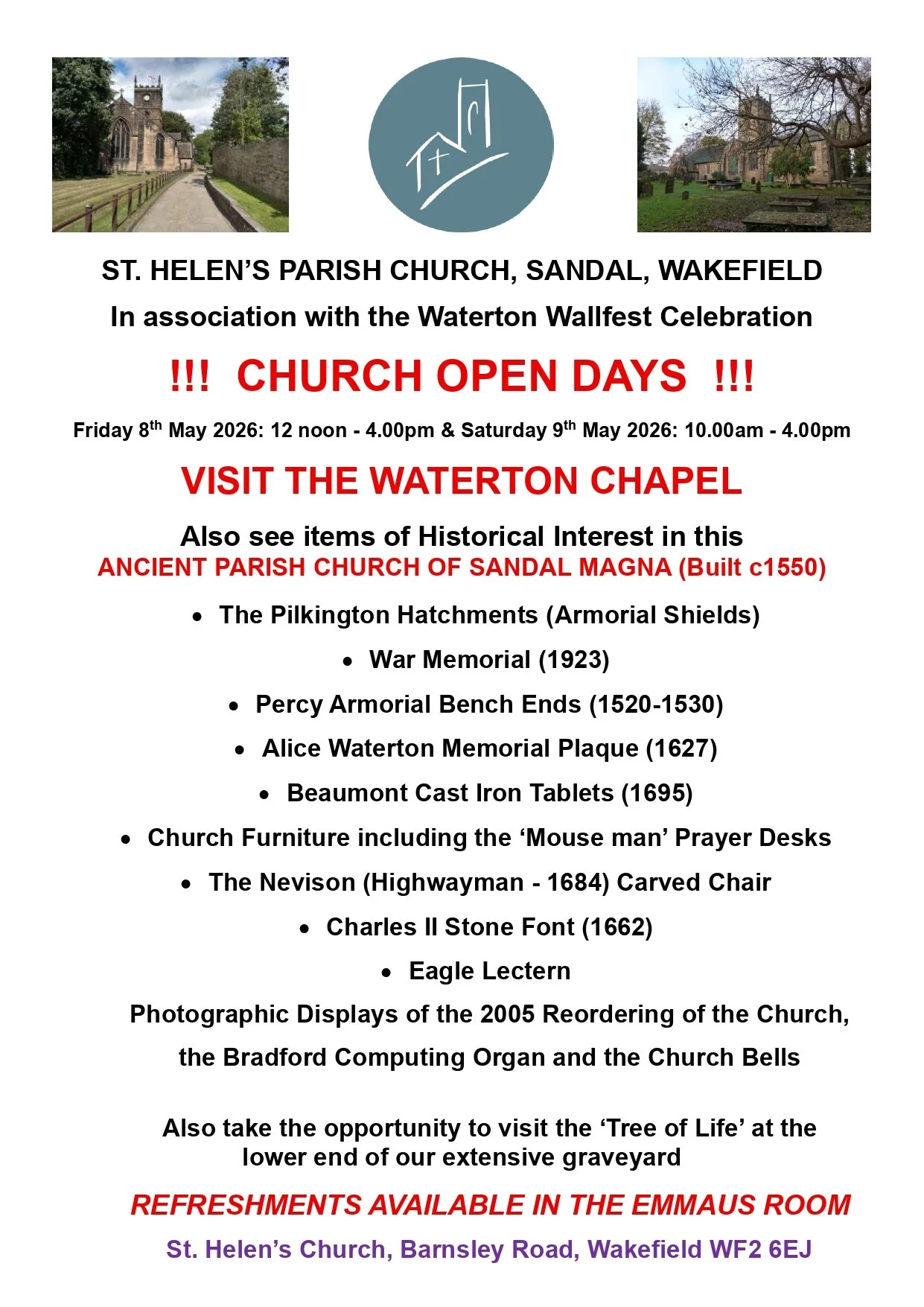 Event poster for St. Helen's Parish Church in Sandal, Wakefield, announcing church open days on May 8th and 9th, 2026.