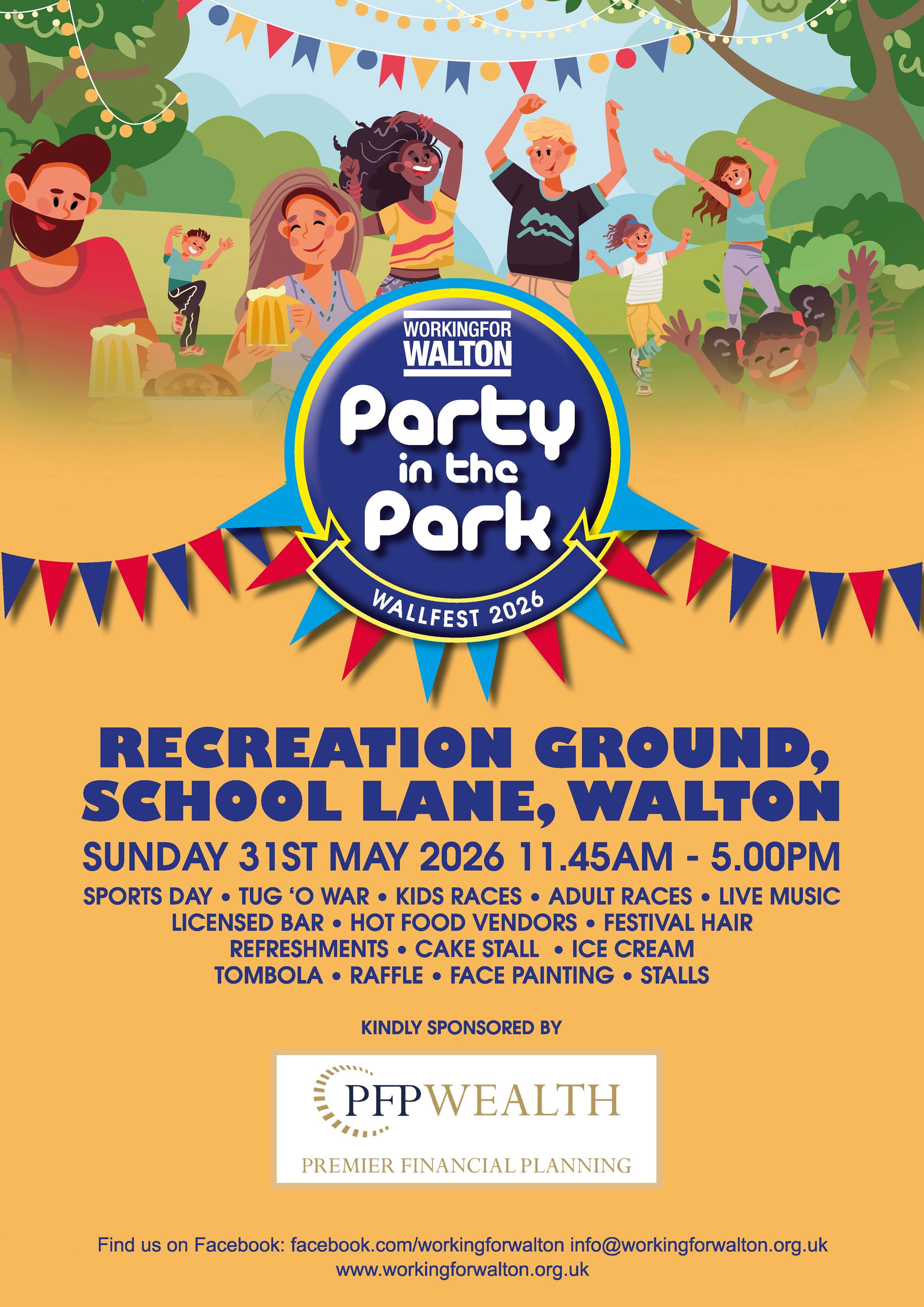 Party in thePark poster advertising the events happening on 31st May 2026 in the recreation ground in Walton.