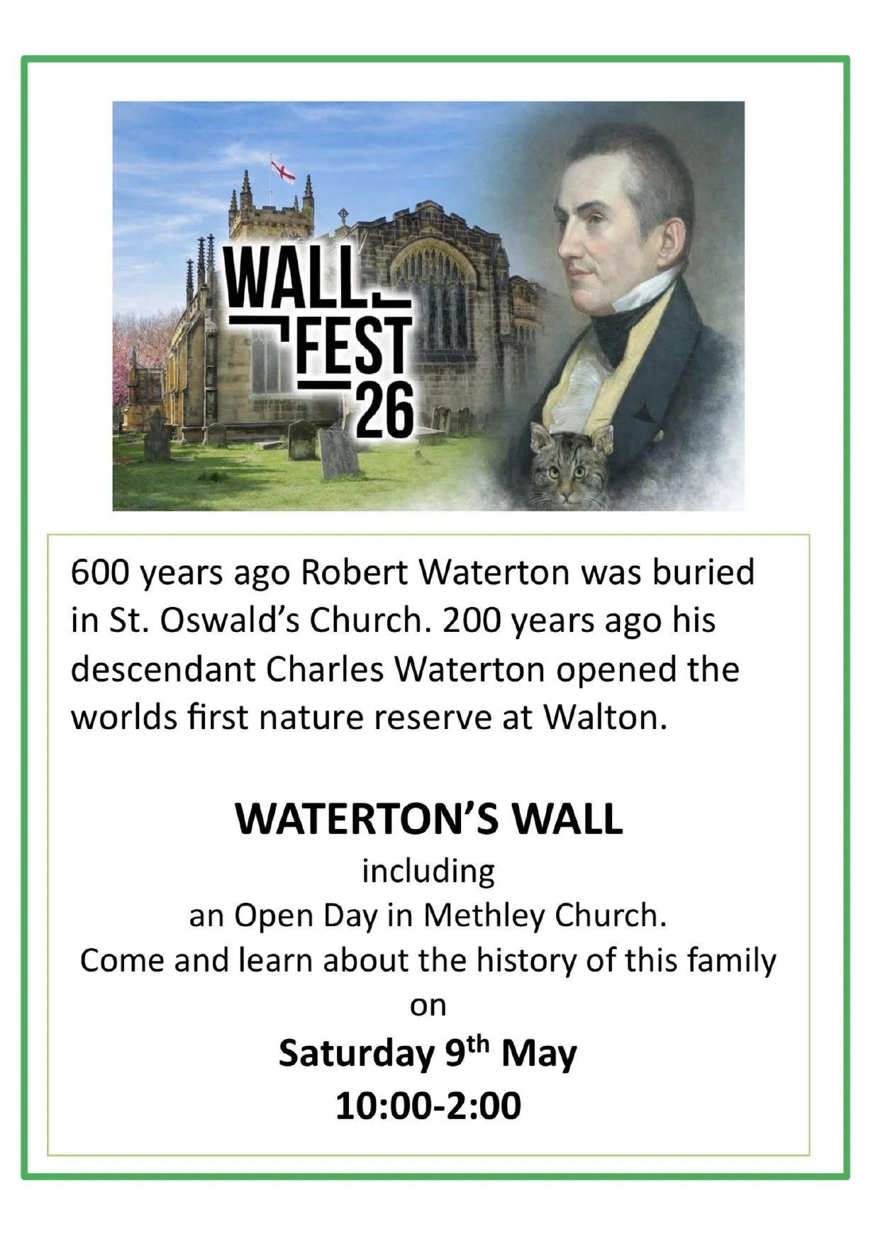 Poster for Wall Fest 26, featuring event details about a nature reserve open day on Saturday, May 9th from 10 am to 2 pm.