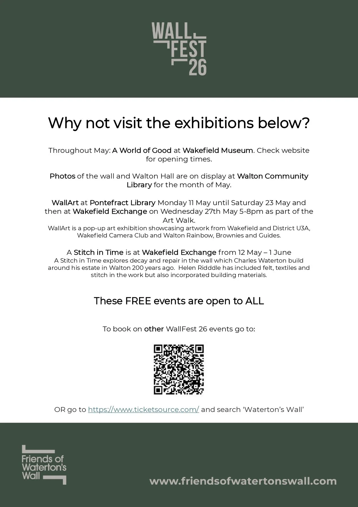 Poster announcing events during WallFest 26 in May, including exhibitions of artwork and a pop-up art show, with a QR code for booking and a website link.