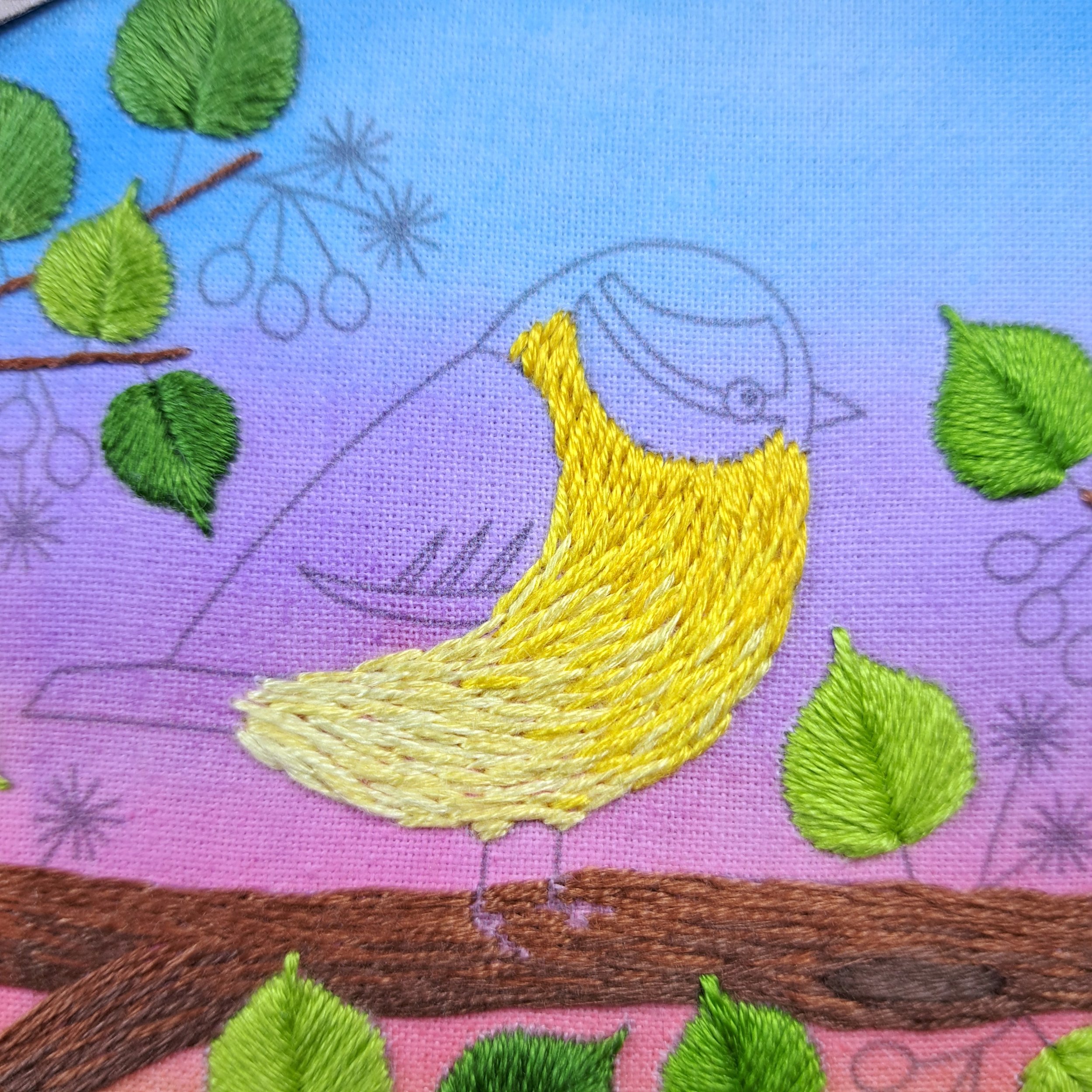 Close-up of the bright yellow Long and Short Stitch used to embroider the feathers on the Blue Tits chest. These stitches are blending into the yellow stitches give a lovely soft gradient.