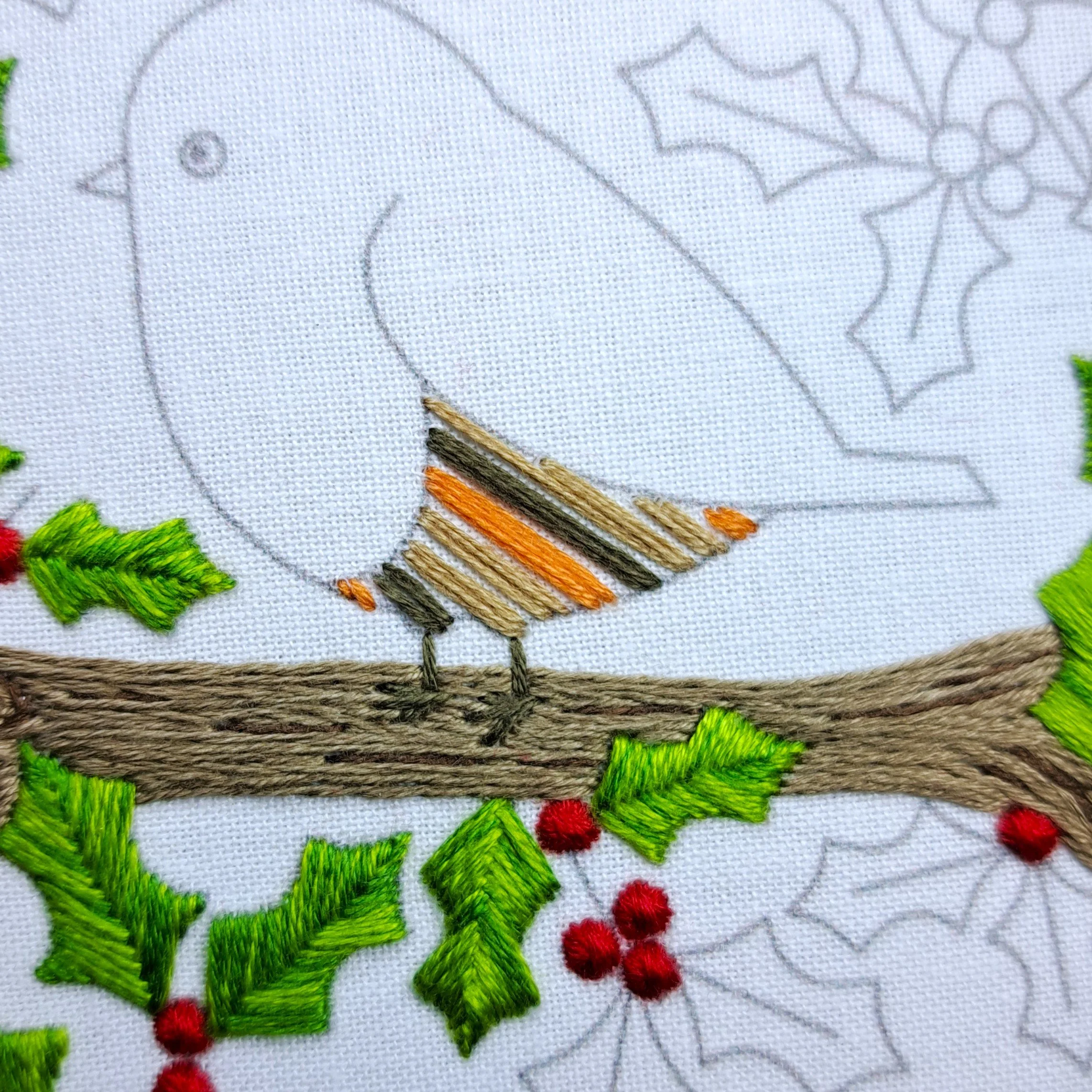 Close-up of foundation stitches on the robin’s belly for Basket Weave Stitch.