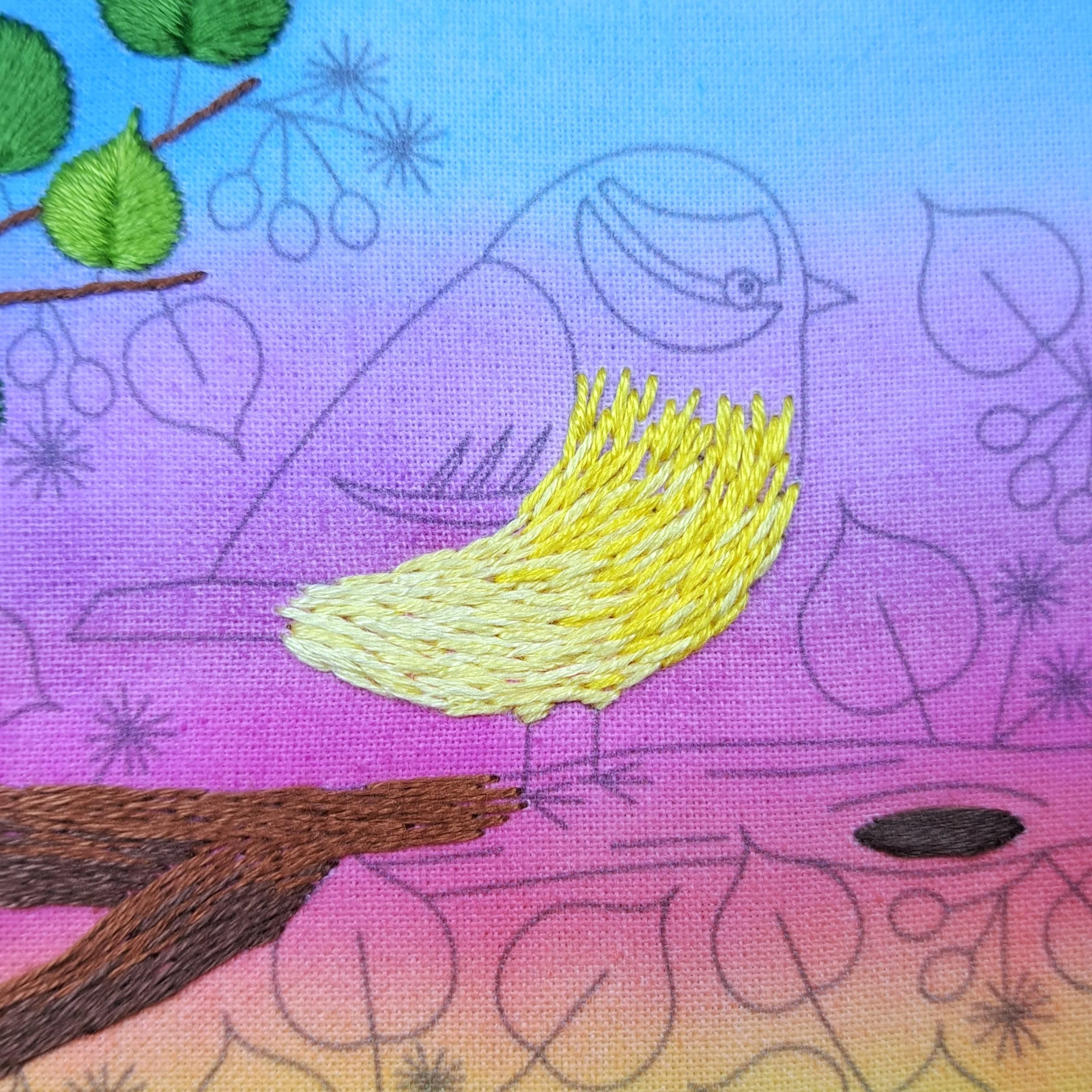 Close-up of the blended yellow bands of Long and Short Stitch used to embroider the feathers on the Blue Tits belly and chest.