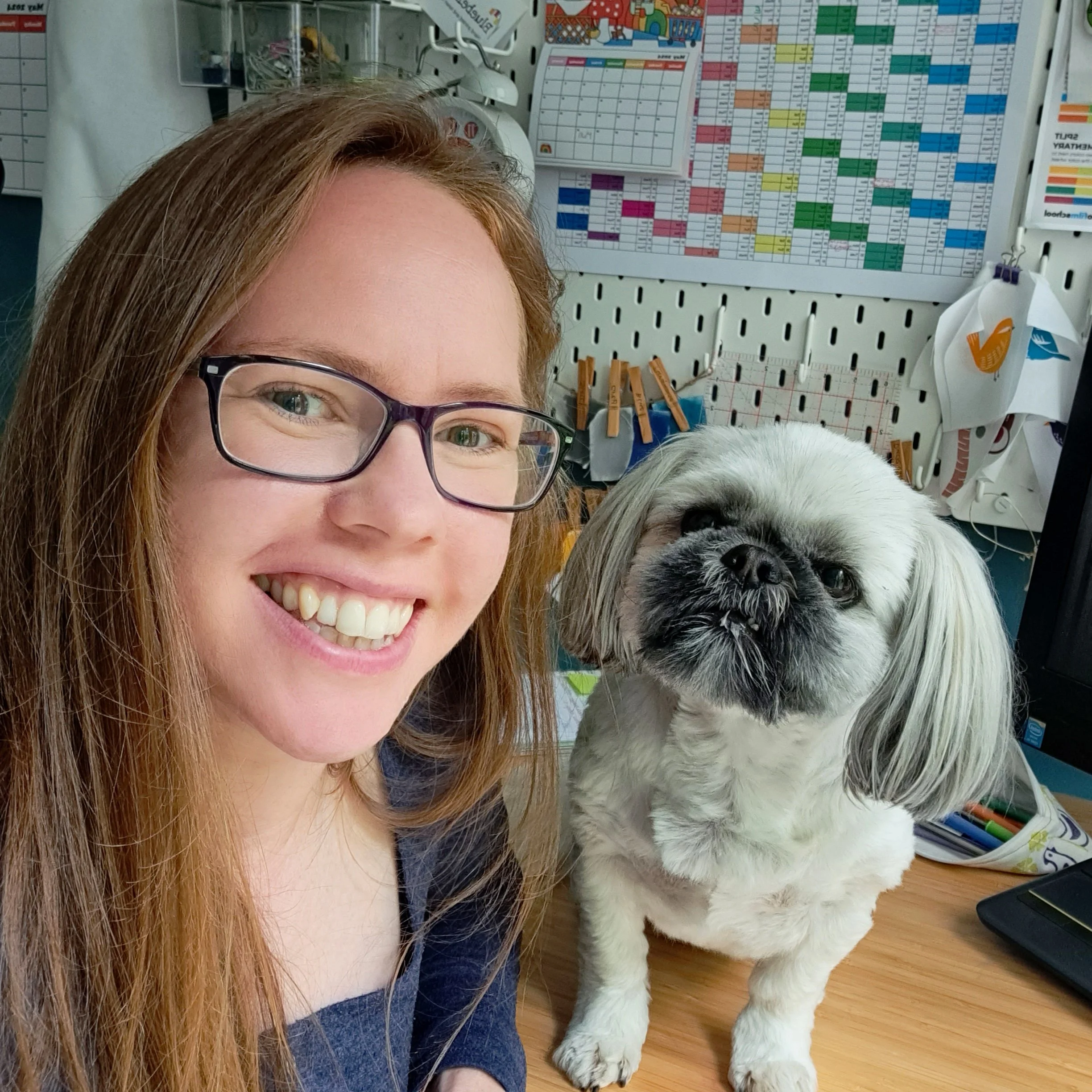 Liz with her dog Bessie in the Bluebell Love studio