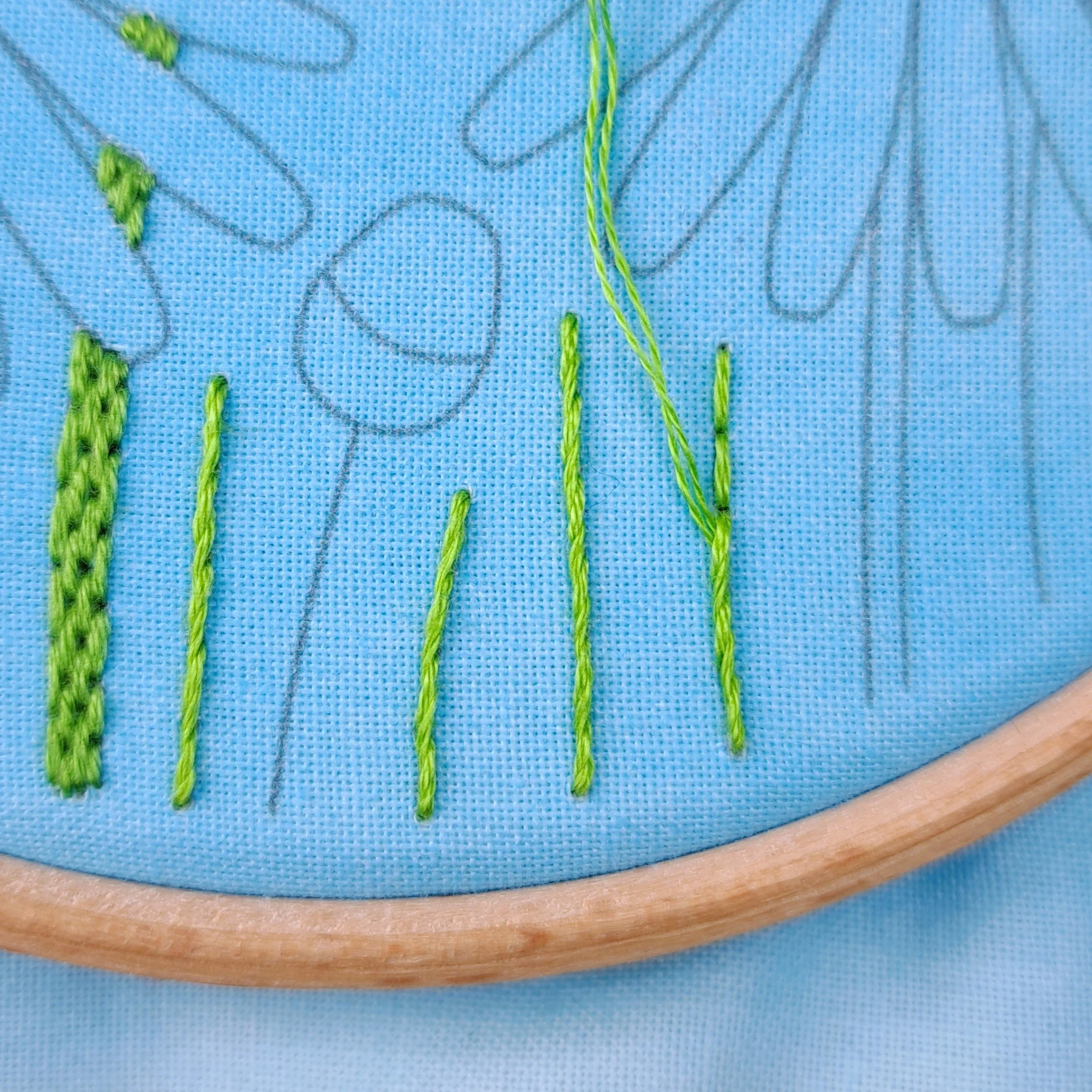Close-up of the green Whipped backstitch used to embroider the grass blades.
