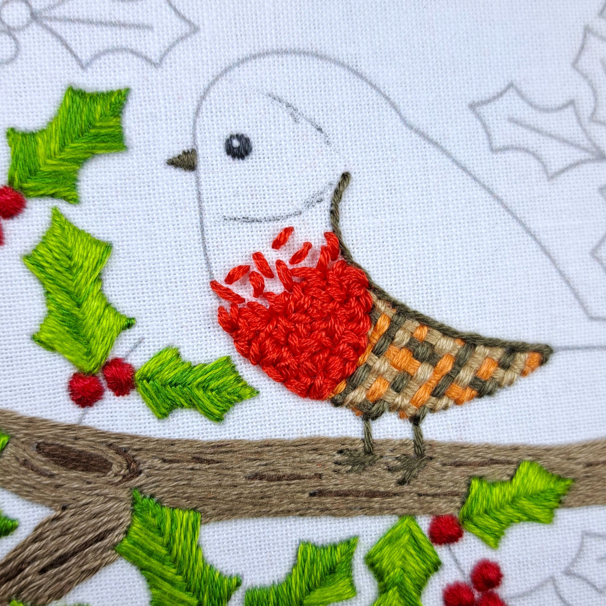 Close-up of bright red Loop Stitch forming the first colour band on the robin’s breast.