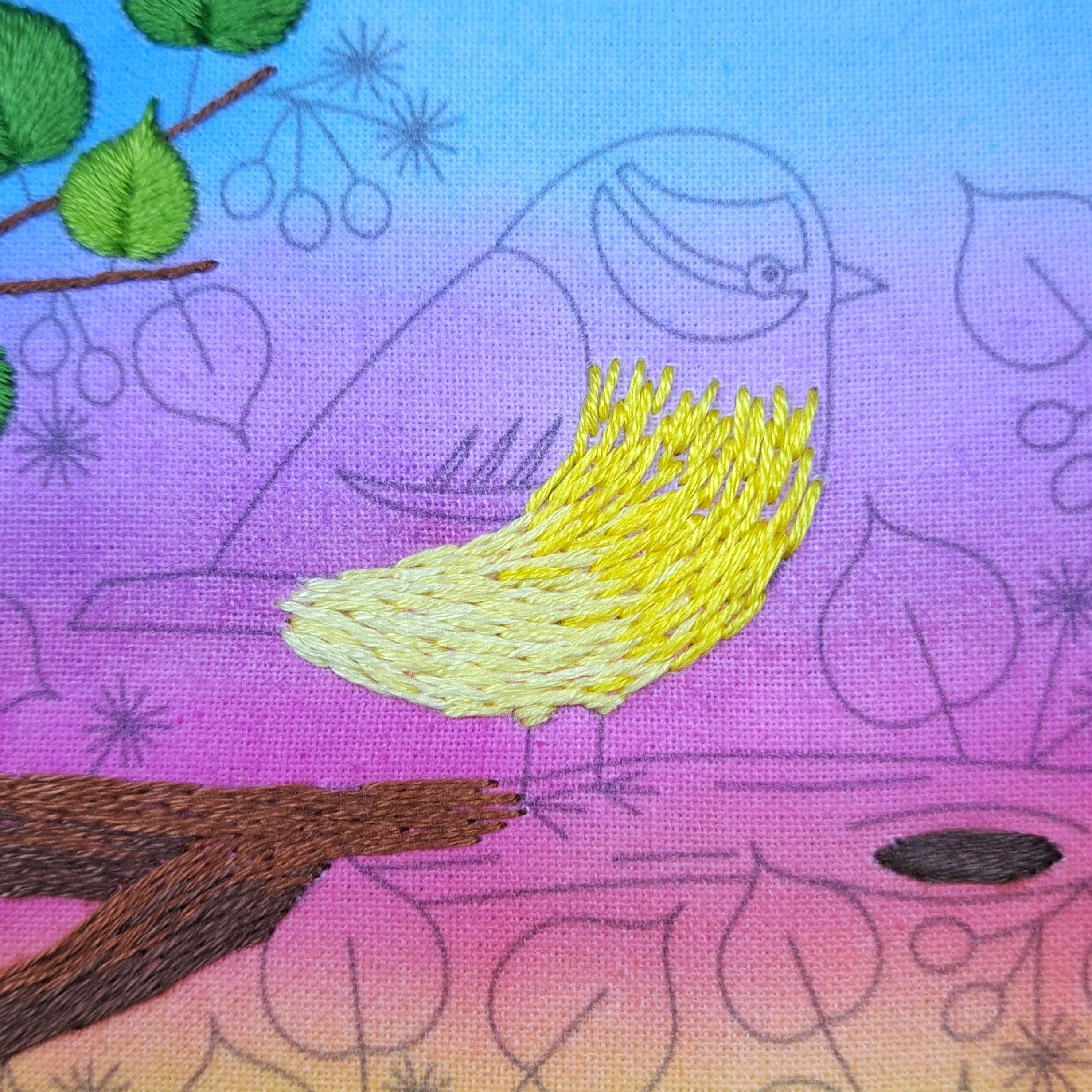 Close-up of the yellow Long and Short Stitch used to embroider the feathers on the Blue Tits belly. These stitches are blending into the mid lighter yellow stitches.
