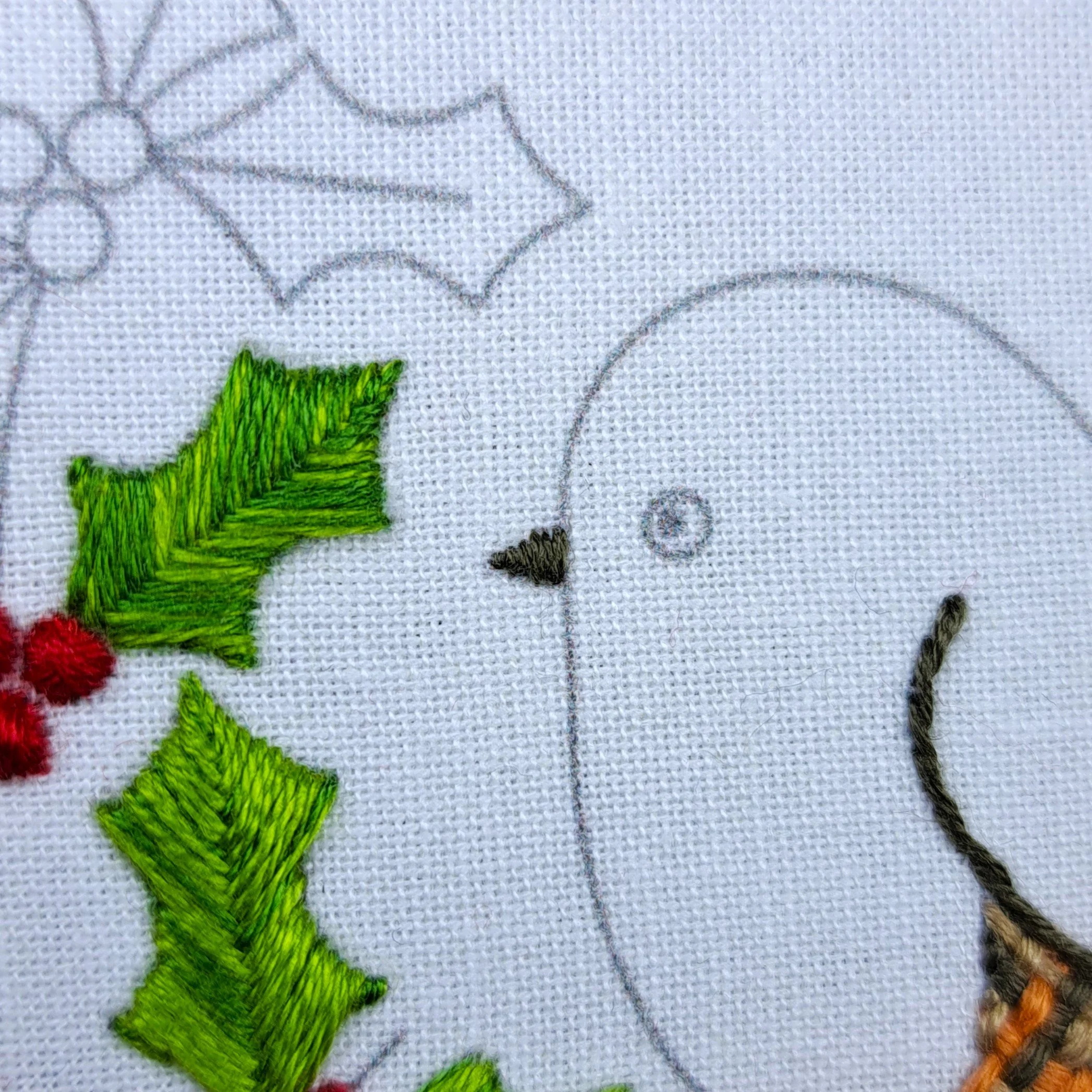 Close-up of brown Satin Stitch used to stitch the robin’s beak.
