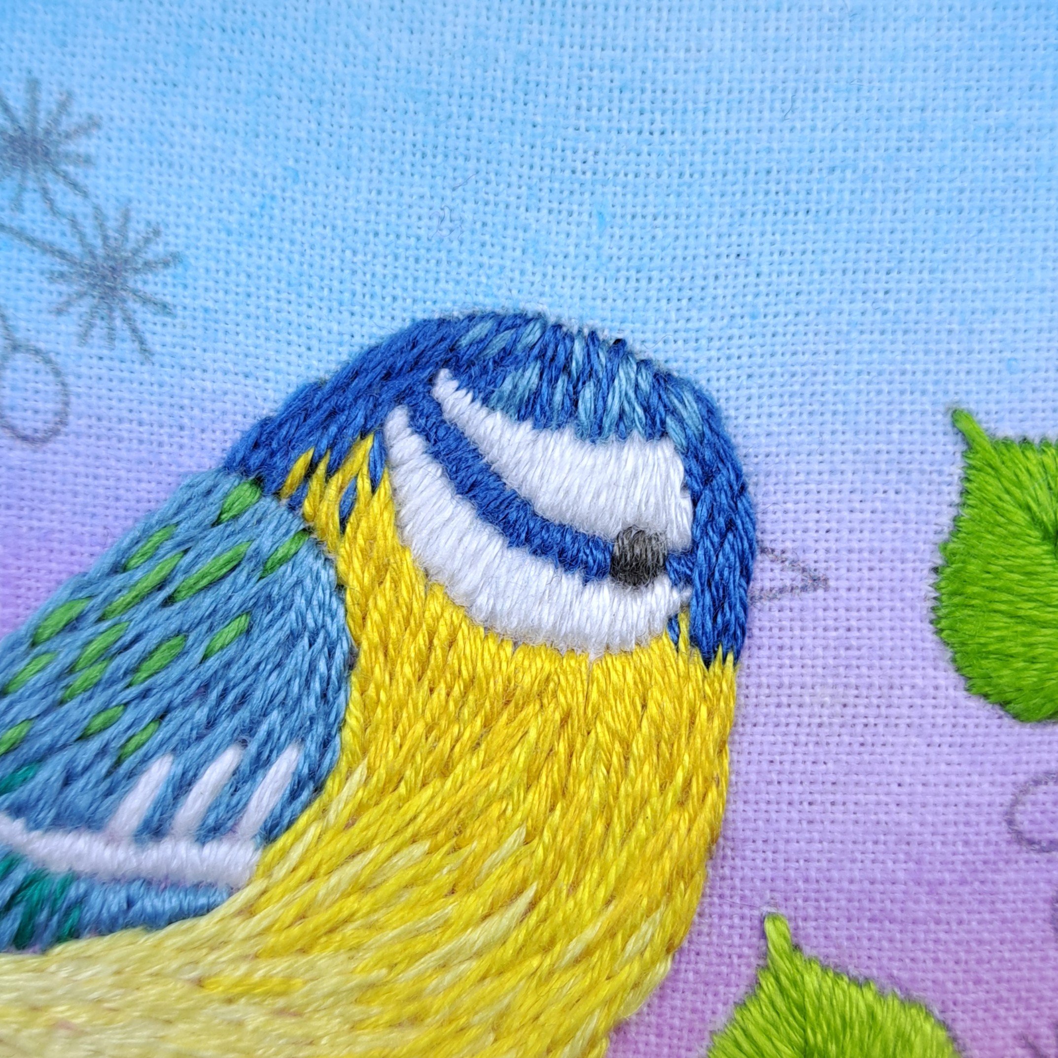 Close-up of the dark grey Satin Stitches used to embroider the Blue Tits eye.