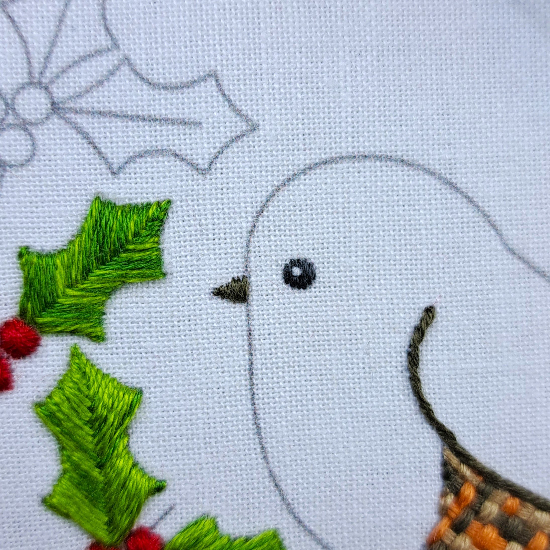 Close-up of a small white Couch Stitch forming the robin’s pupil.
