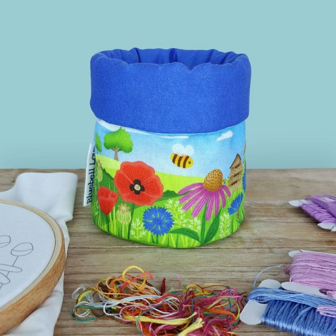 Bees and Blooms Thread Catcher Basket Blue 3.jpg