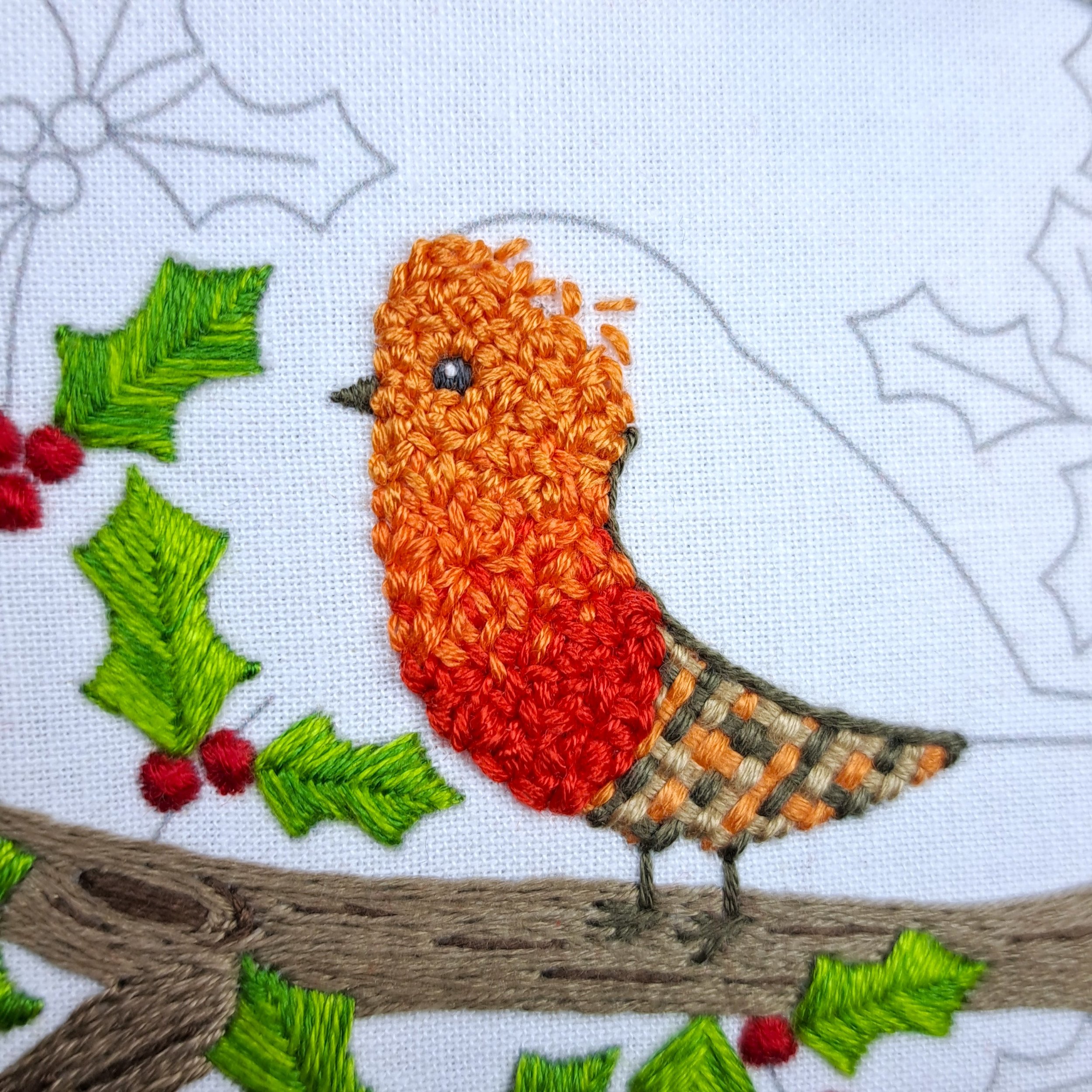Close-up of light orange Loop Stitch forming the third colour band on the robin’s face.