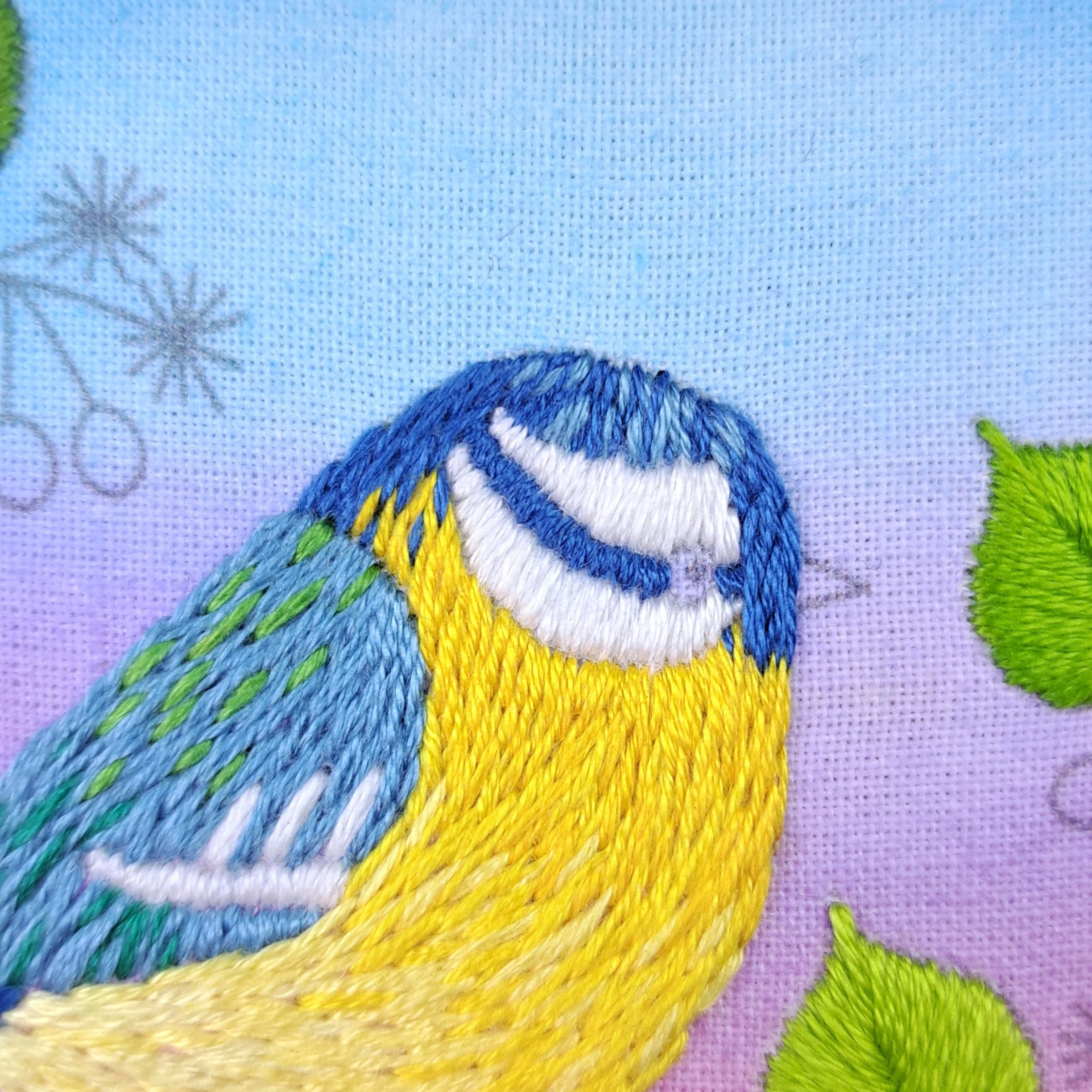 Close-up of the white Satin Stitches used to embroider the Blue Tits face