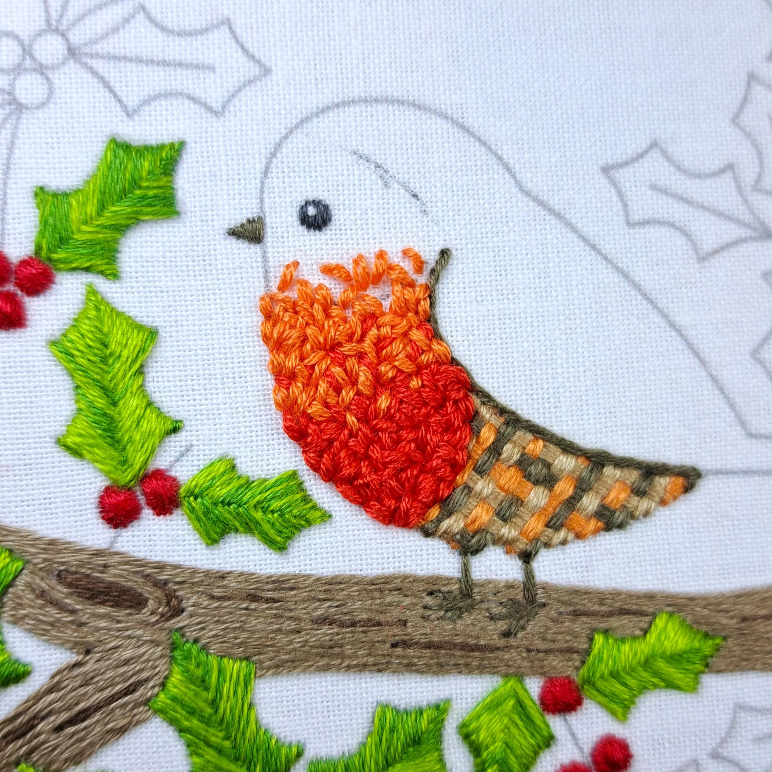 Close-up of dark orange Loop Stitch forming the second colour band on the robin’s breast.