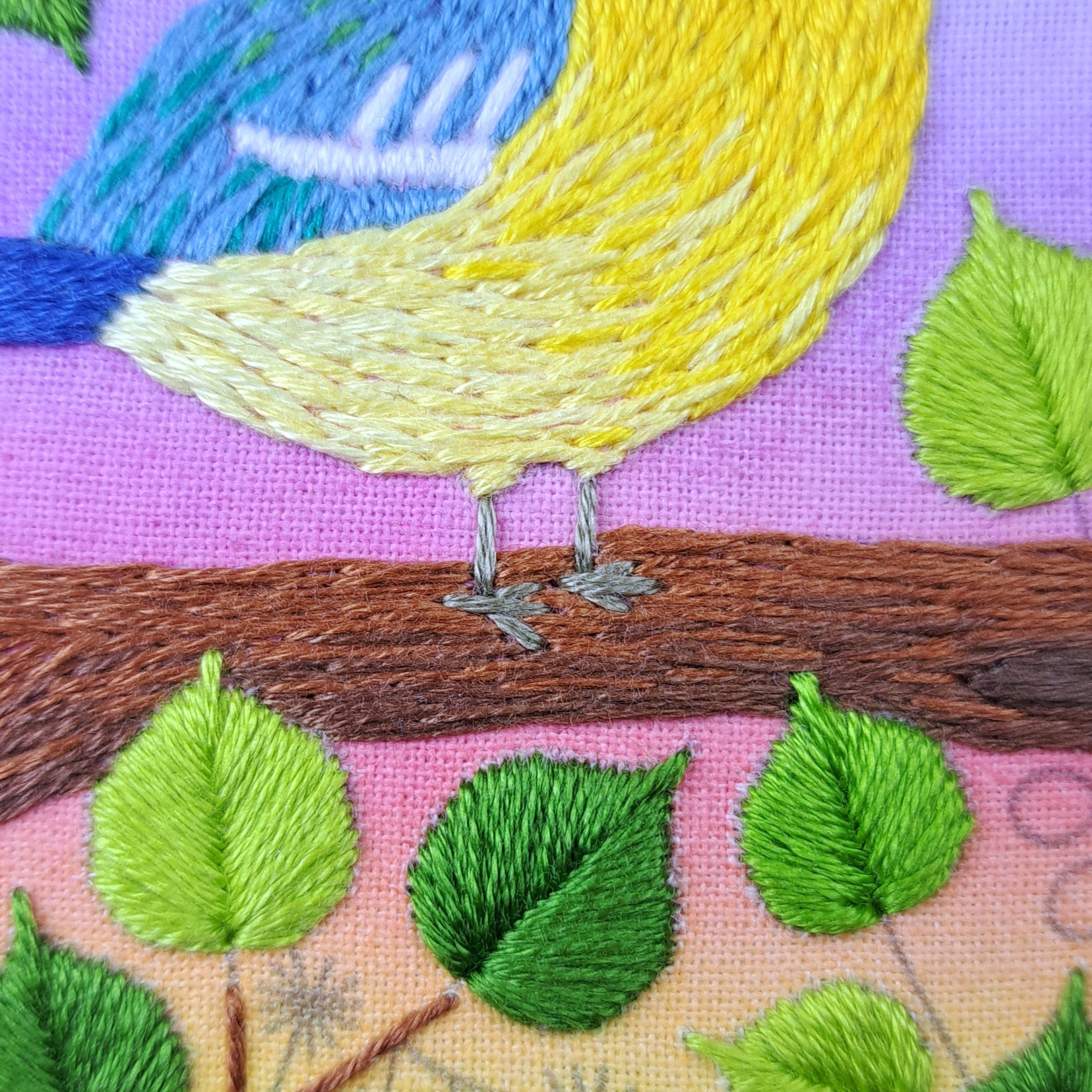 Close-up of the Straight Stitches used to embroider the Blue Tits legs and feet.