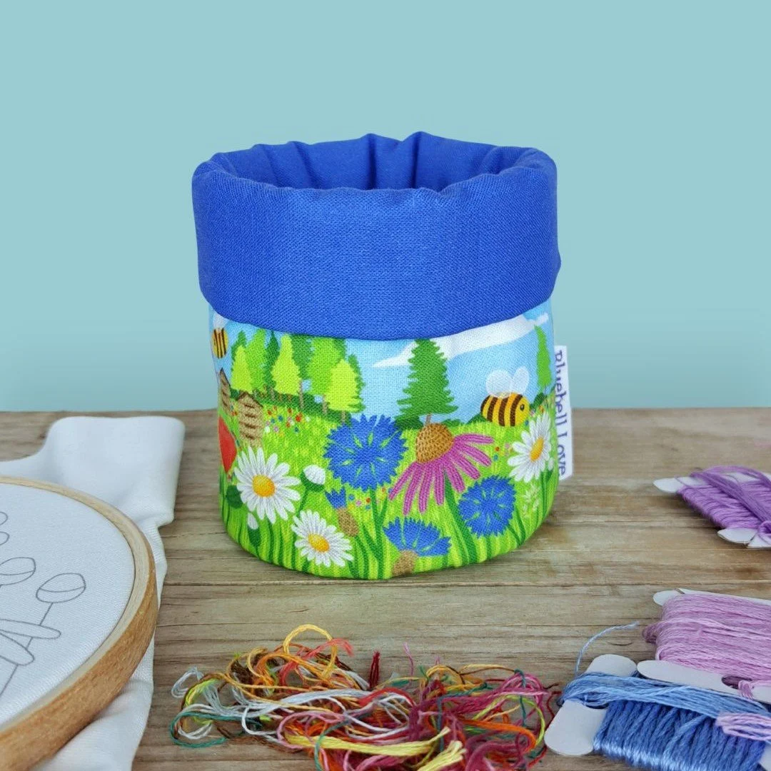 Bees and Blooms Thread Catcher Basket Blue 2.jpg