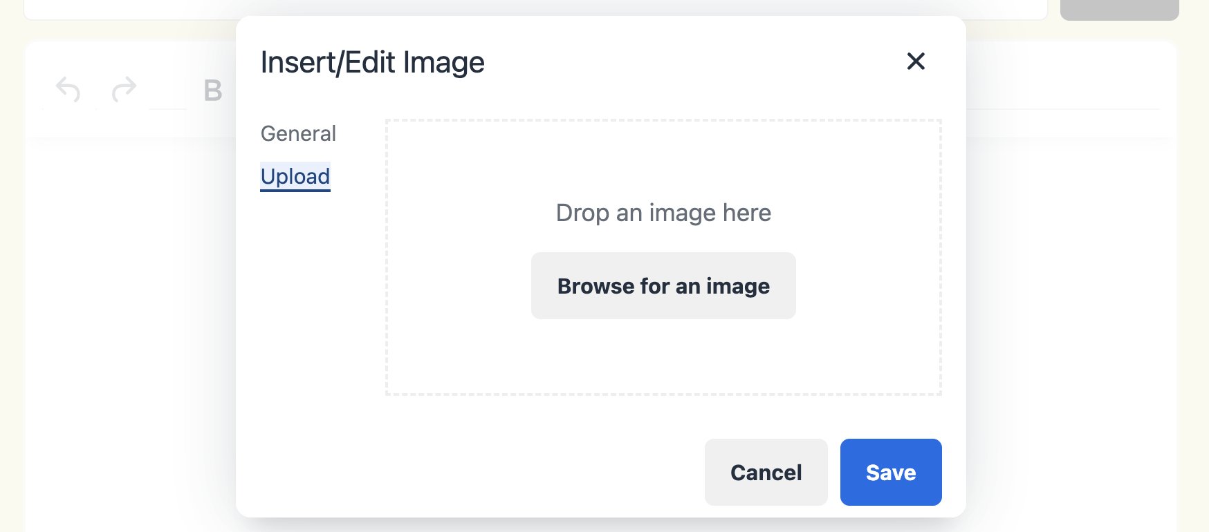 Screenshot of a website interface showing an 'Insert/Edit Image' dialog box with options to upload or browse for an image, featuring a 'Cancel' button and a 'Save' button.
