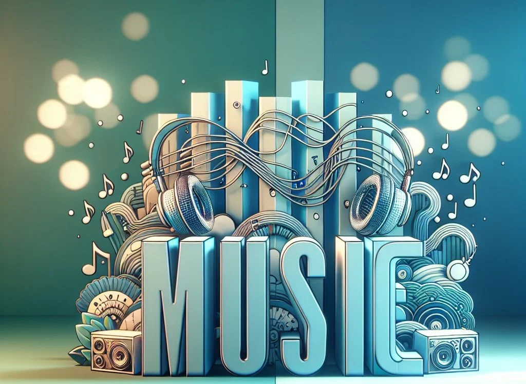 A colorful digital illustration of the word 'MUSIC' with headphones, musical notes, and sound equipment.