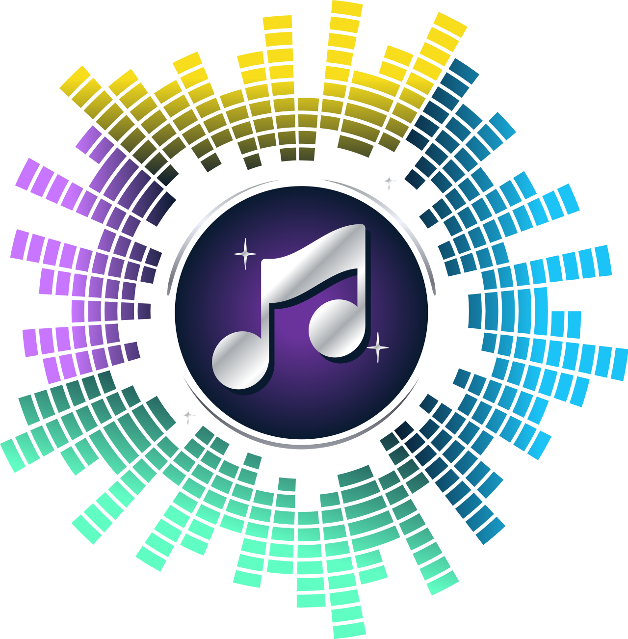 Icon of music notes inside a circle with a purple background and white stars, set against a colorful digital background.