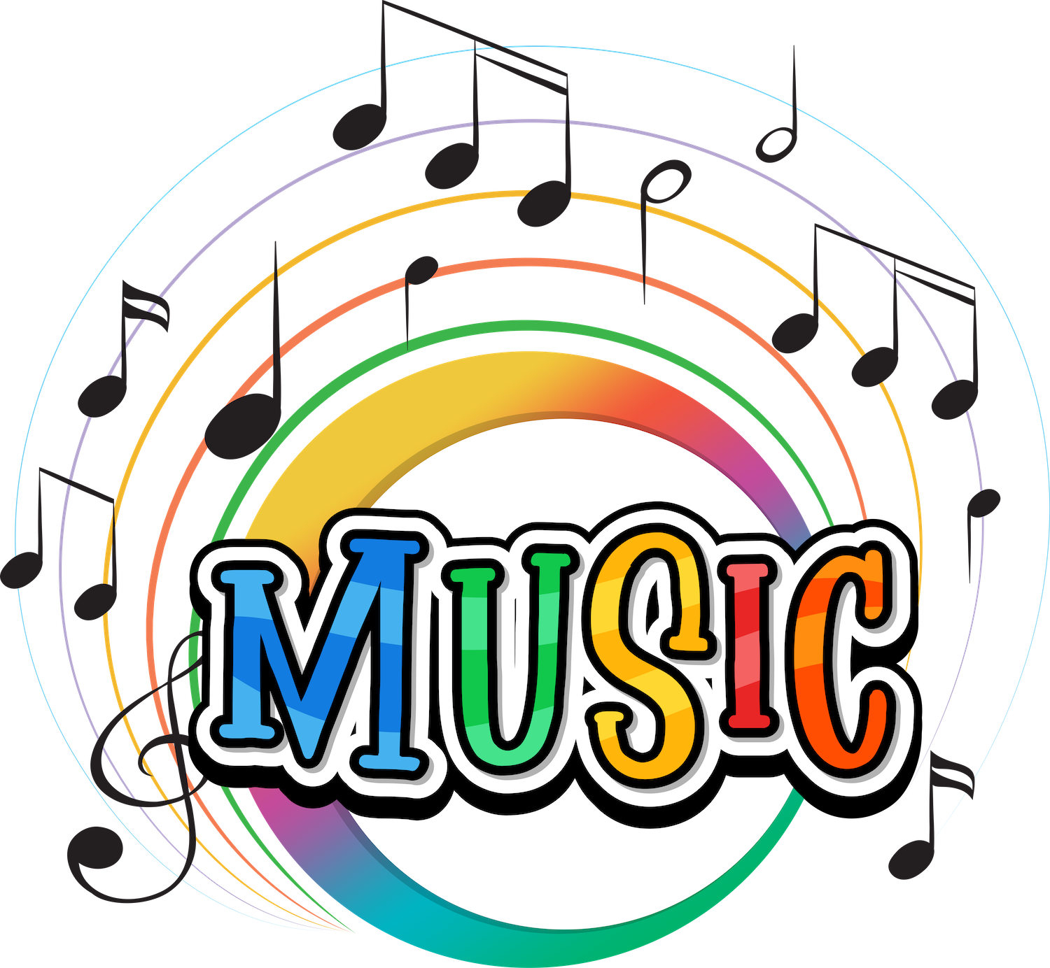 Colorful logo with rainbow and musical notes, with the word 'MUSIC' in bold, colorful, stylized letters.