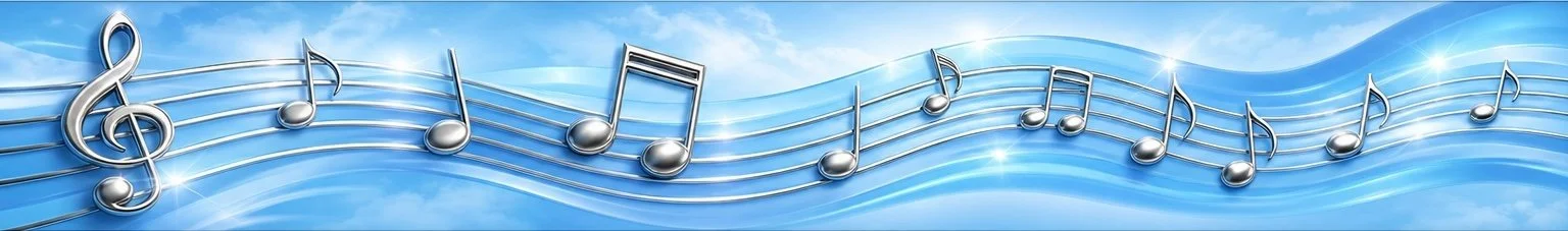Blue background with musical notes and staff lines, featuring a large treble clef and various musical notes.
