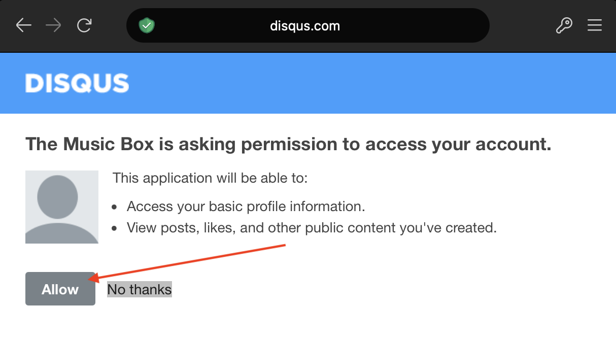 Screenshot of a website page titled 'DISQUS' showing a permission request for the Music Box app to access user account information with options to 'Allow' or 'No thanks'.