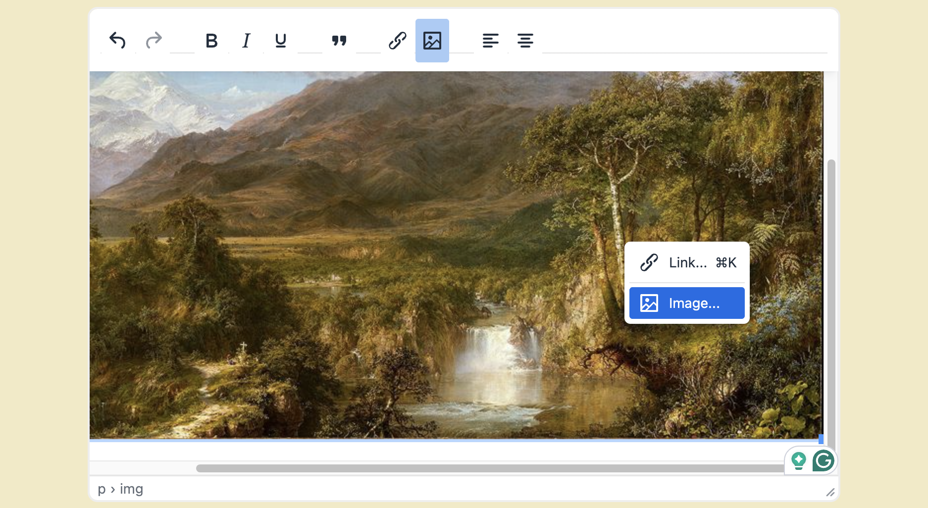 A scenic landscape painting featuring mountains, lush green trees, a flowing river, and a waterfall in the foreground, with snow-capped peaks in the background.