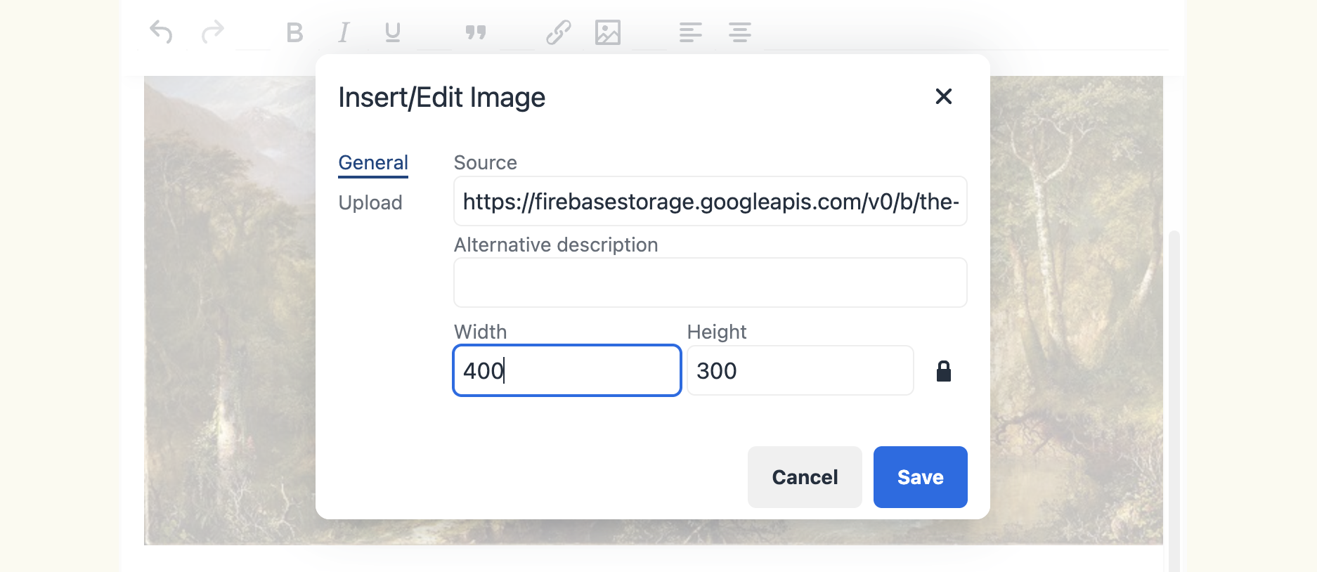 Screenshot of an image upload window on a website with a scenic landscape of a forest and mountains in the background, showing the image's URL, width, and height options.