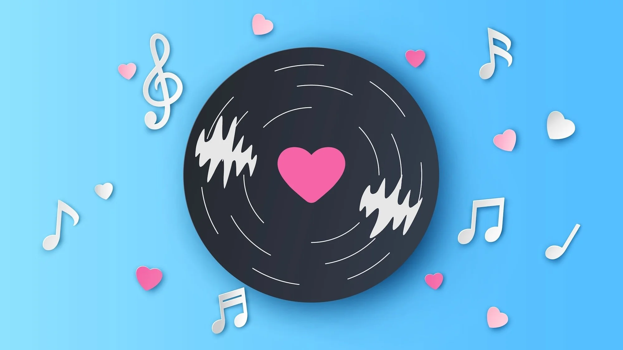 A black vinyl record with a pink heart in the center, surrounded by white and pink hearts and white musical notes on a light blue background, representing love and music.