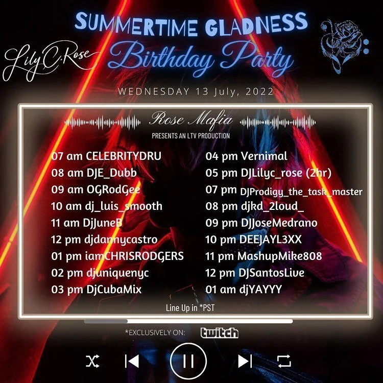 The legend from Las Vegas @dj_lily.c.rose birthday raid starts tomorrow! Catch me from 1am PST / 6pm AEST chi 🥳❤️🎊🎉🎂