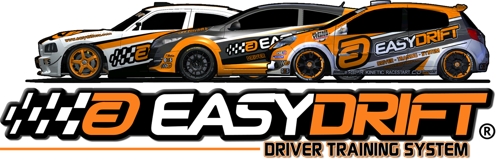 Graphics design of two race cars and the logo for Easy Drift Driver Training System in black, white, and orange colors.