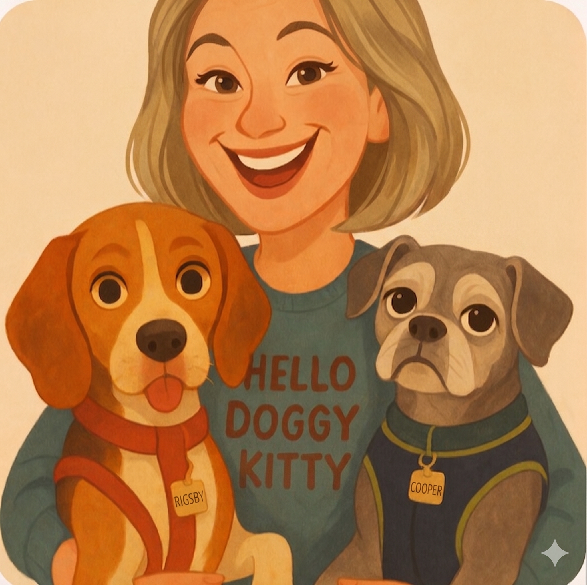 woman wearing hello doggy kitty sweater holding a beagle and boston terrier mix dog
