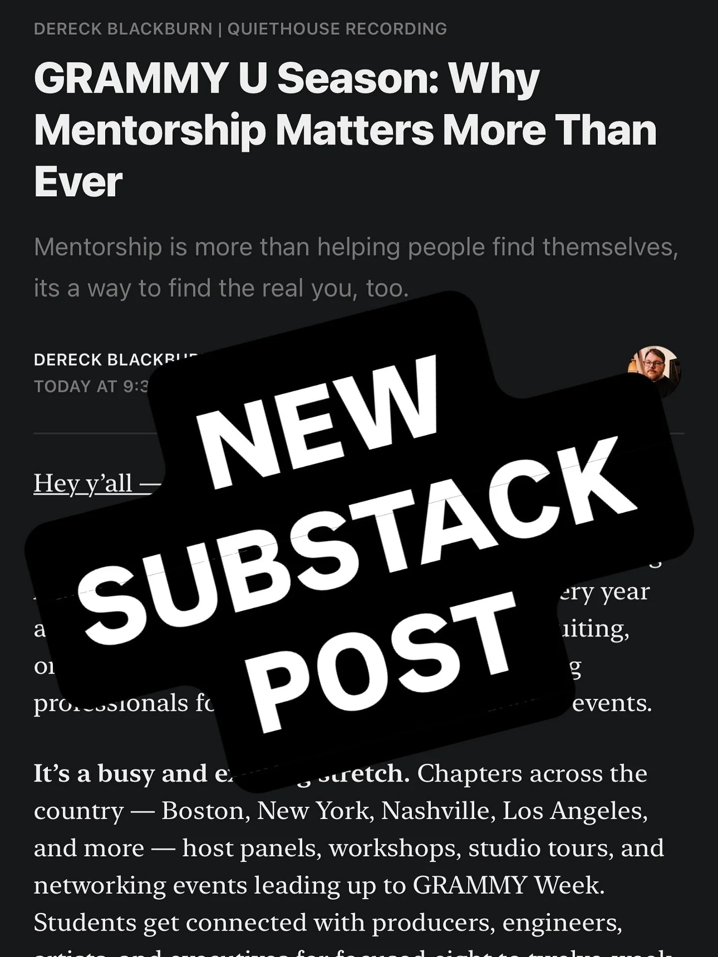 https://quiethouserecording.substack.com - It&rsquo;s GRAMMY U season again &mdash; a reminder that mentorship isn&rsquo;t a buzzword, it&rsquo;s the backbone of our industry. I wouldn&rsquo;t be here without the people who opened doors for me, and i