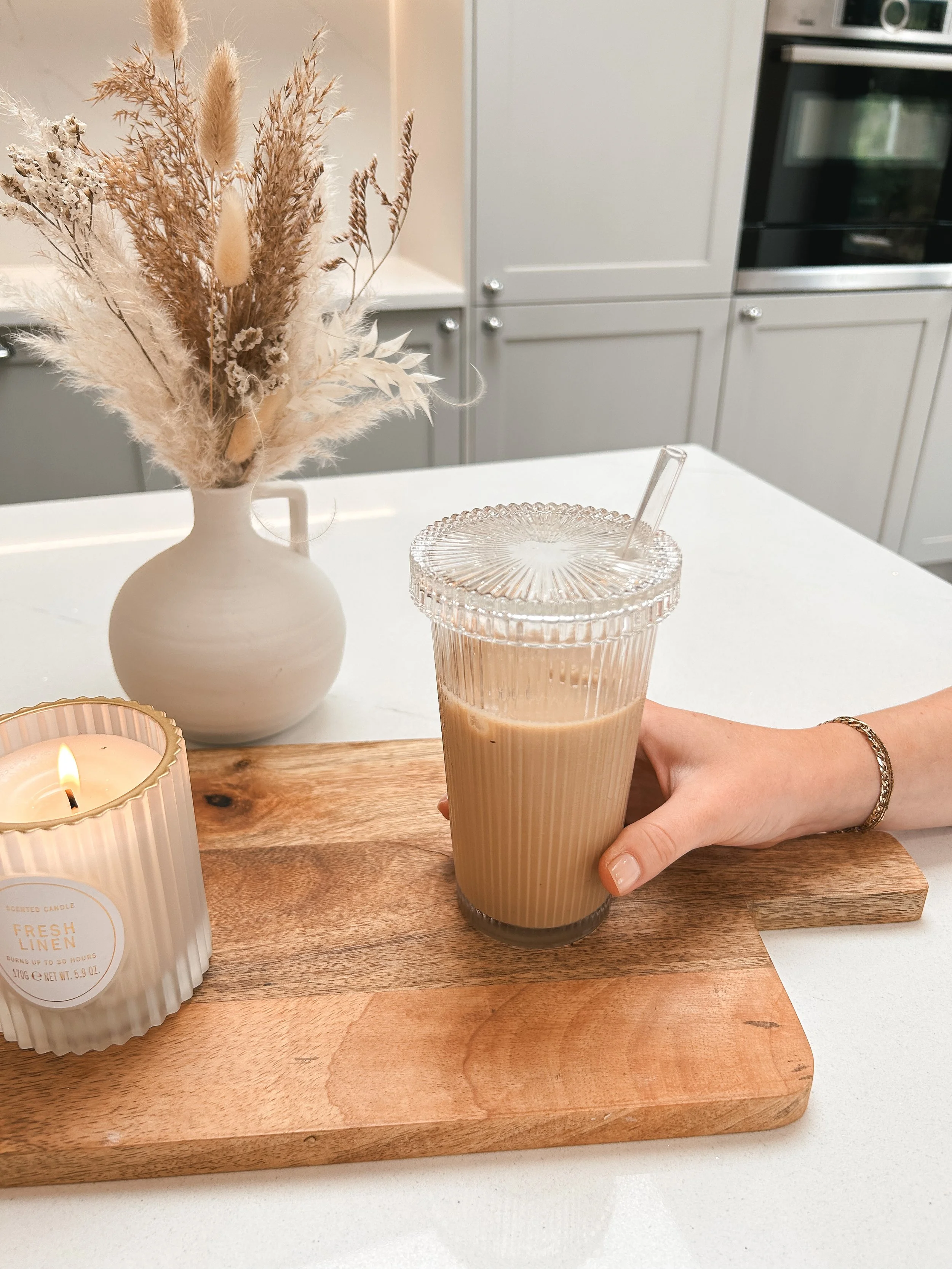 Ribbed Glass Cup with Lid & Glass Straw, Ribbed Iced Coffee Glass