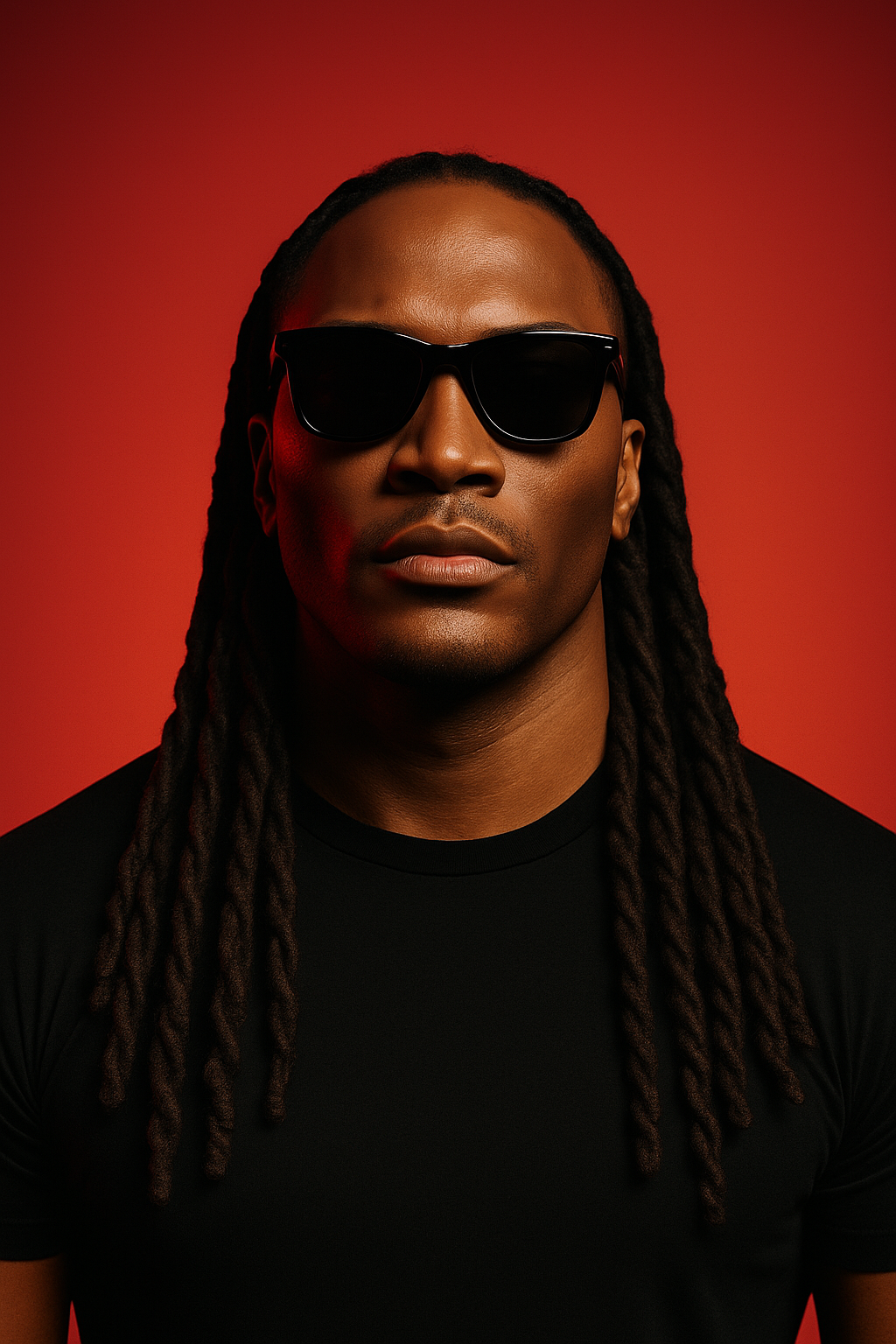 Portrait d’un homme noir aux longues dreadlocks portant des lunettes de soleil noires et un t-shirt noir sur fond rouge.