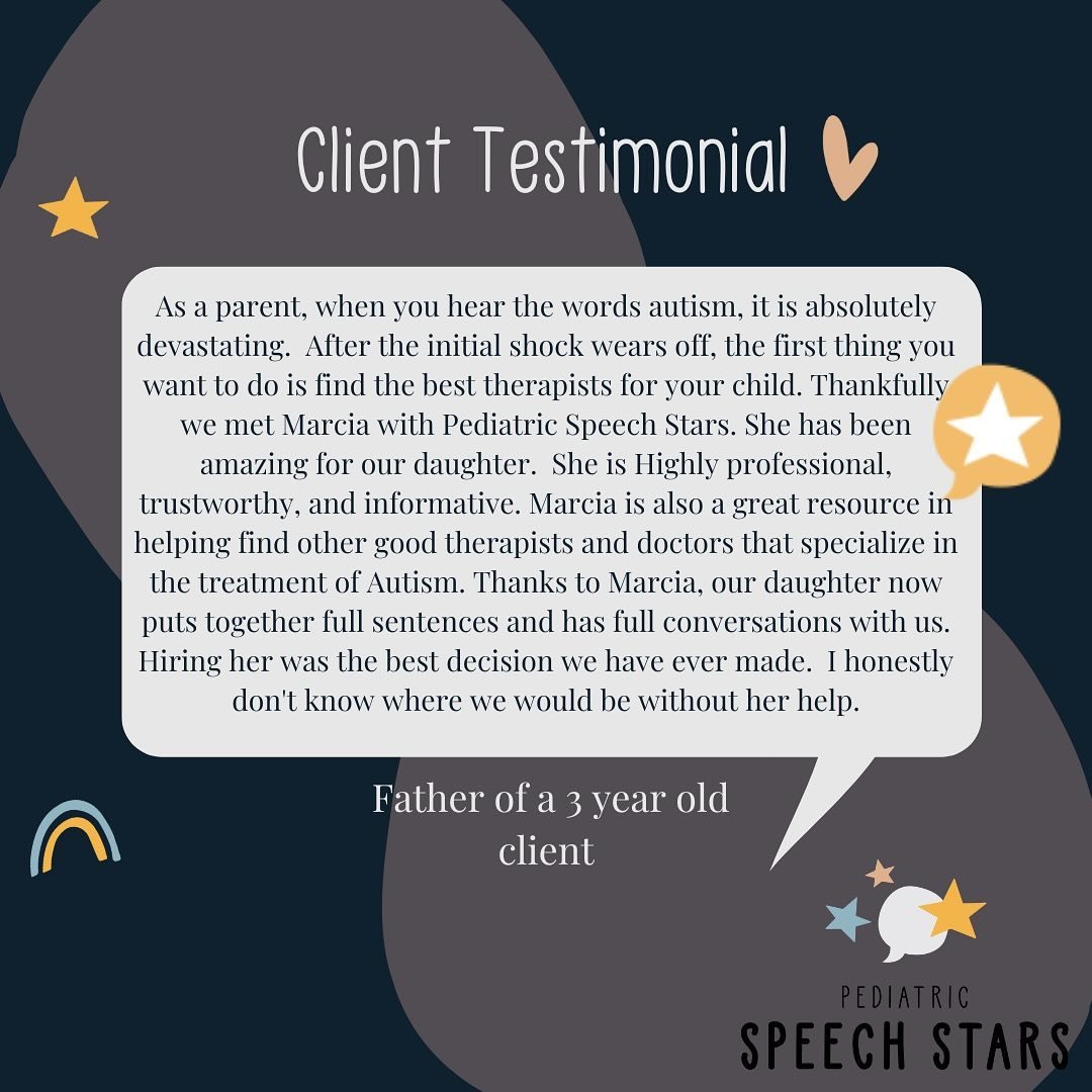 ✨✨✨✨Client Testimonial ✨✨✨✨

Often times, we are the first ones families call with concerns regarding their child&rsquo;s language delays. 

We are also confident in our skill set that when we see signs &amp; characteristics of Autism, we share that 